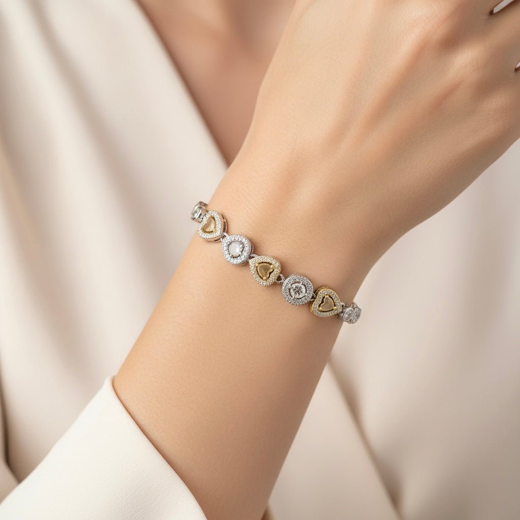 Heart and Circle Charms & Studded Rhinestones Sterling Silver Chain Bracelet