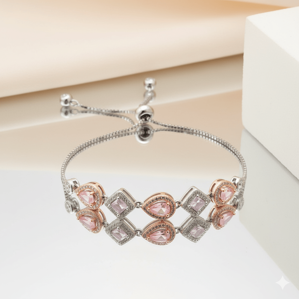 Sterling Silver Chain Bracelet with Leaf, Square, Circle Charms & Studded Rhinestones