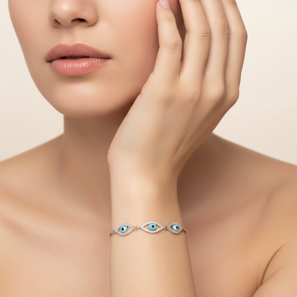 3 Blue Eyes & Studded Rhinestones Sterling Silver Chain Bracelet