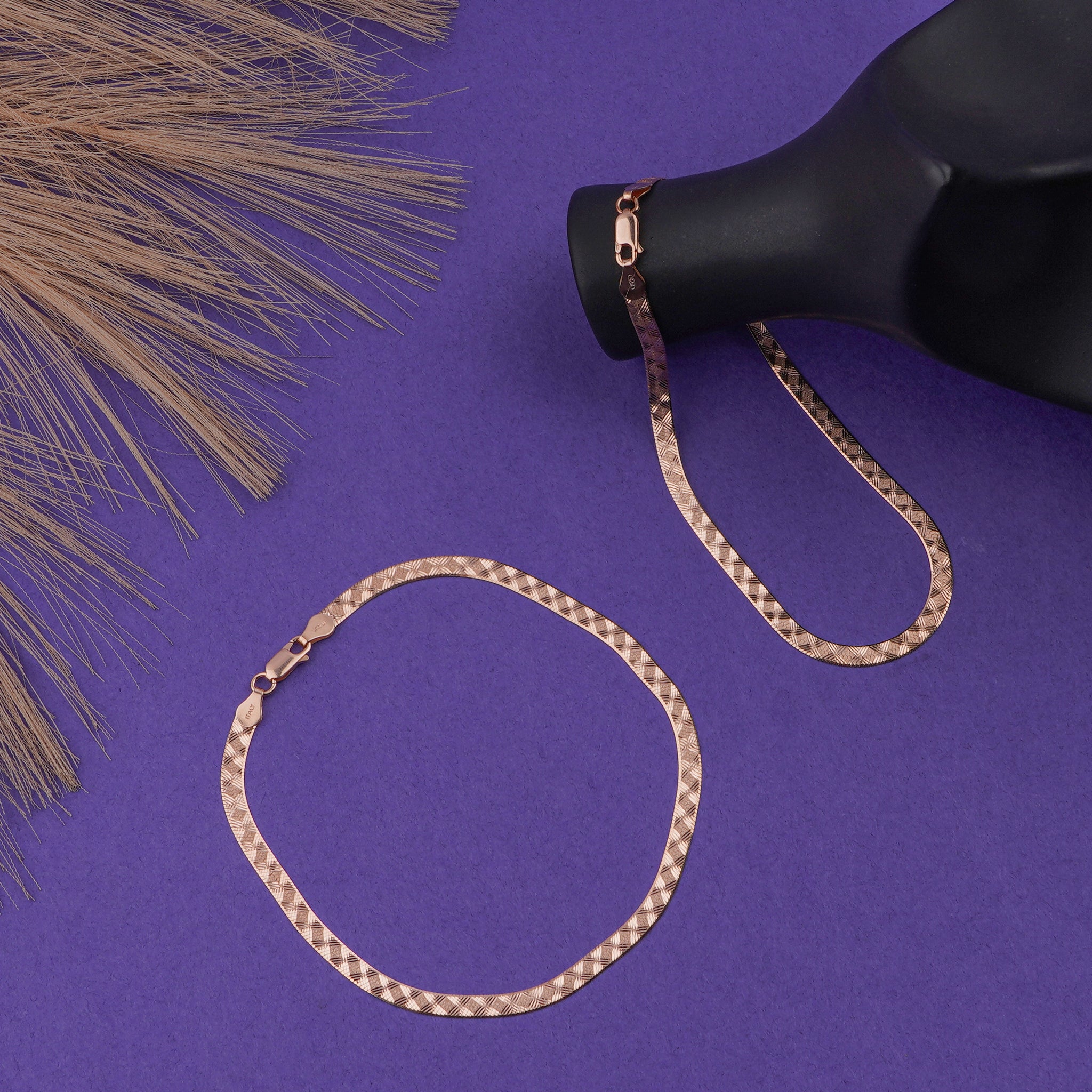 Elegant Gold & Light Brown Woven Design Silver Italian Anklet