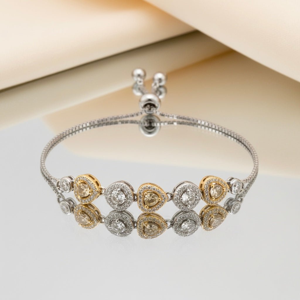 Heart and Circle Charms & Studded Rhinestones Sterling Silver Chain Bracelet