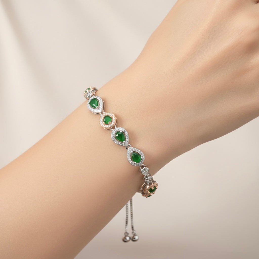 Sterling Silver Chain Bracelet with Green Stones & Studded Rhinestones