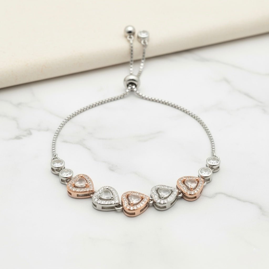 Heart Shape Charms & Studded Rhinestones Sterling Silver Chain Bracelet