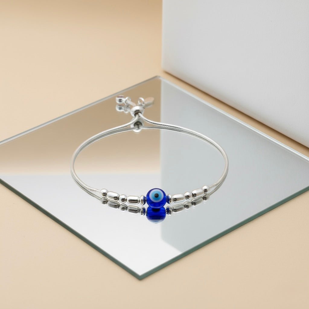 Sterling Silver Chain Bracelet with Evil Eye & Silver Beads