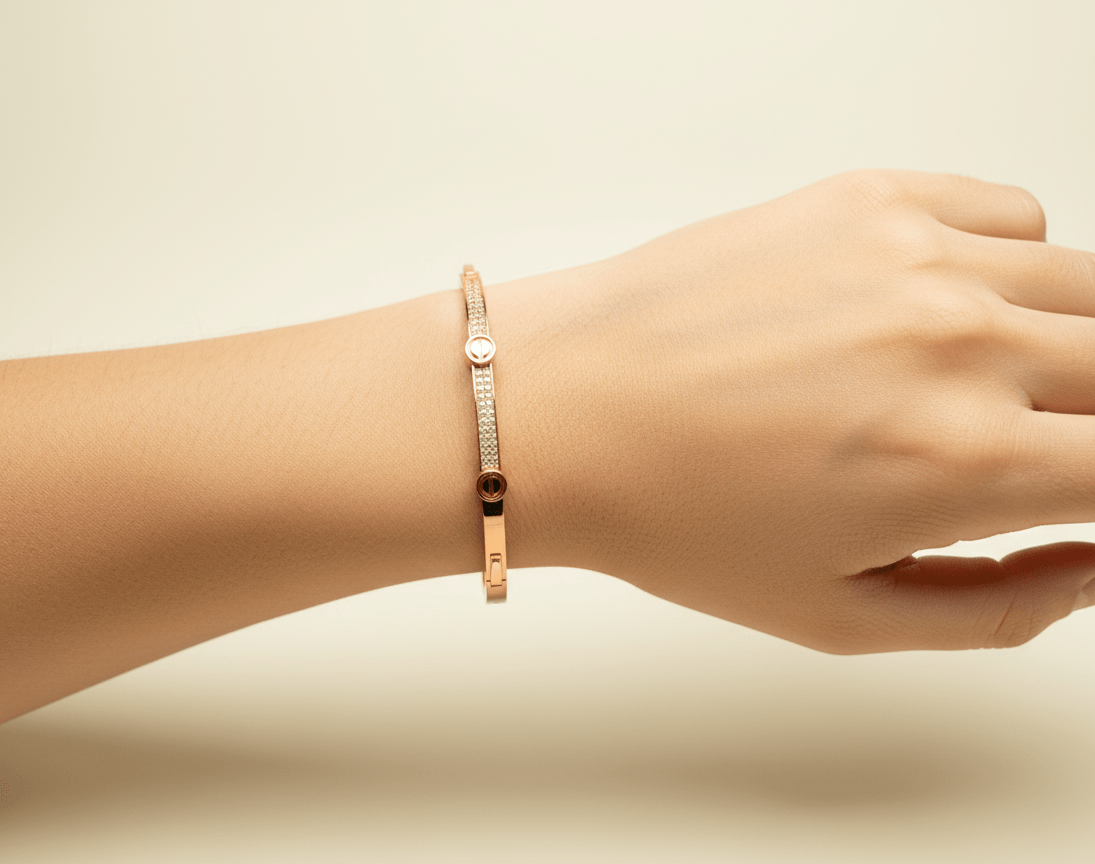 Studded Rhinestones Rose Gold Plated Sterling Silver Bangle Bracelet