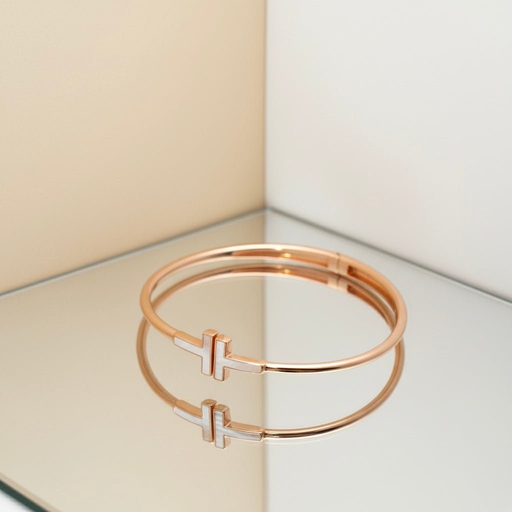 T End Design & Studded Rhinestones | Rose Gold Plated Sterling Silver Bangle Bracelet