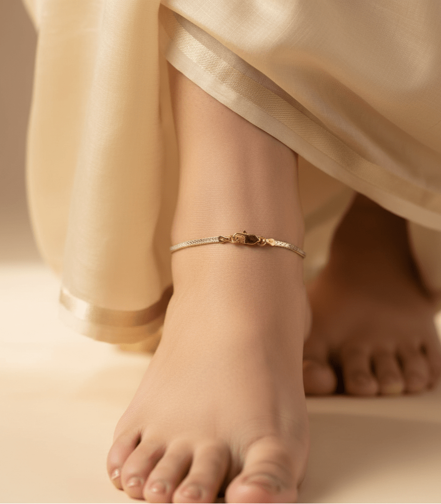 Elegant Silver & Gold Woven Design Silver Italian Anklet (1 Pair)