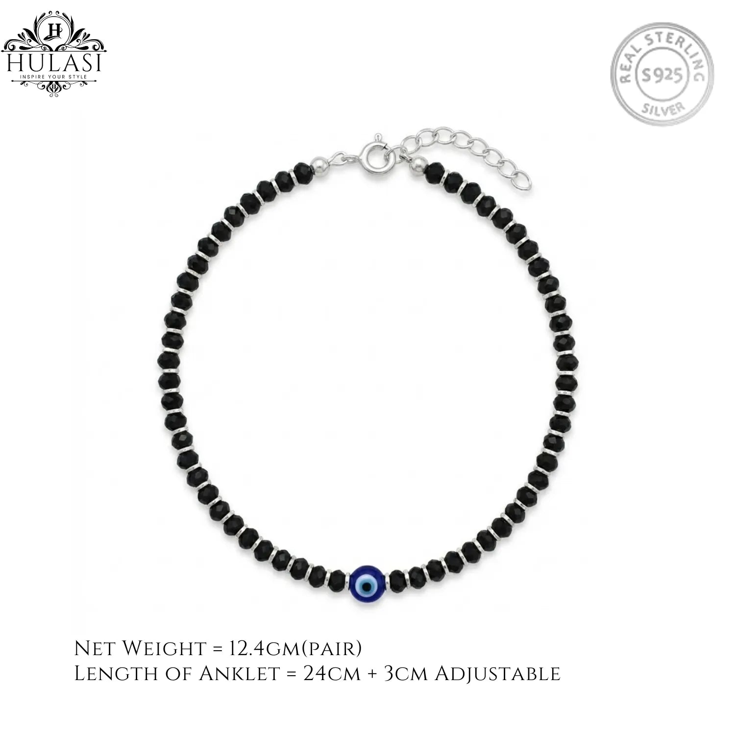 Hulasi Women 925 Sterling Silver Black Spinel Evil Eye Anklet 27cm