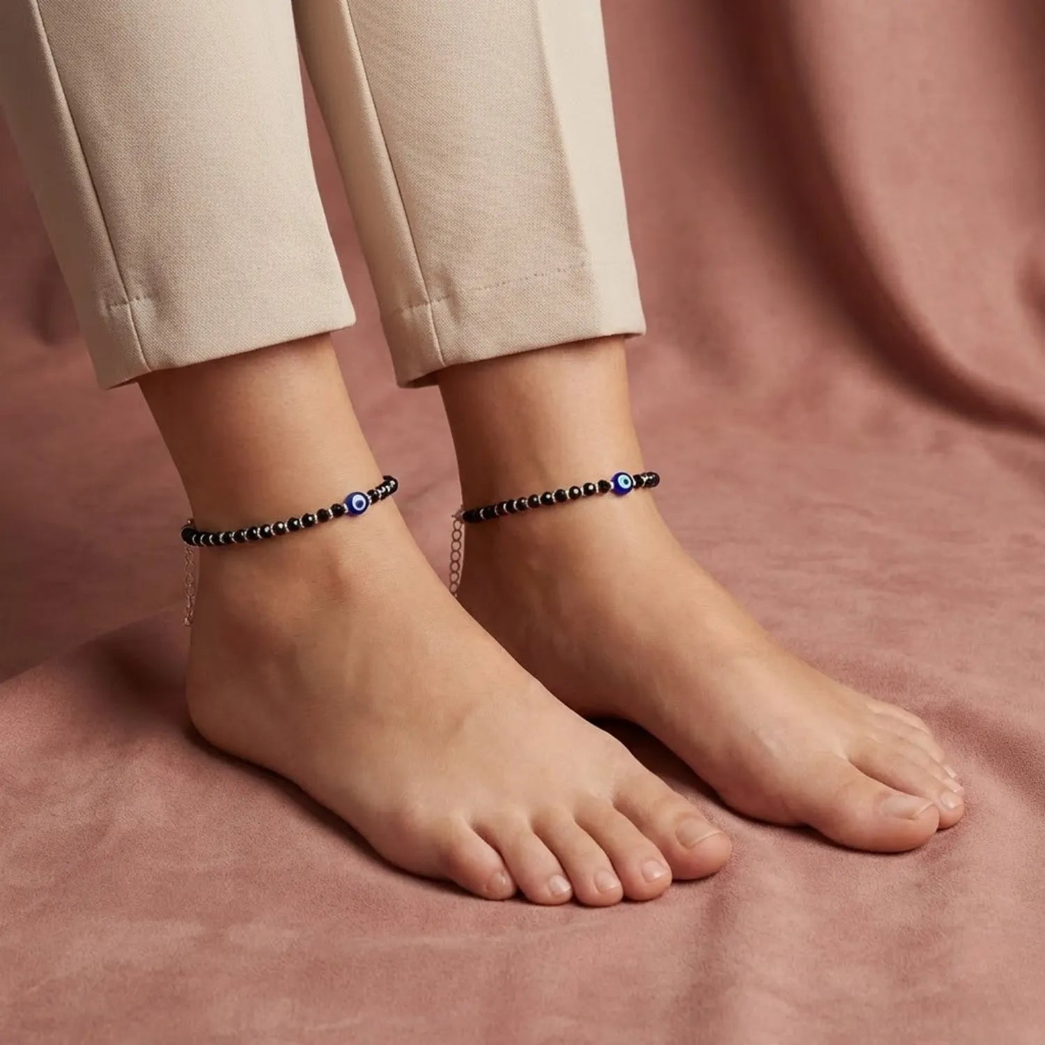 Hulasi Women 925 Sterling Silver Black Spinel Evil Eye Anklet 27cm