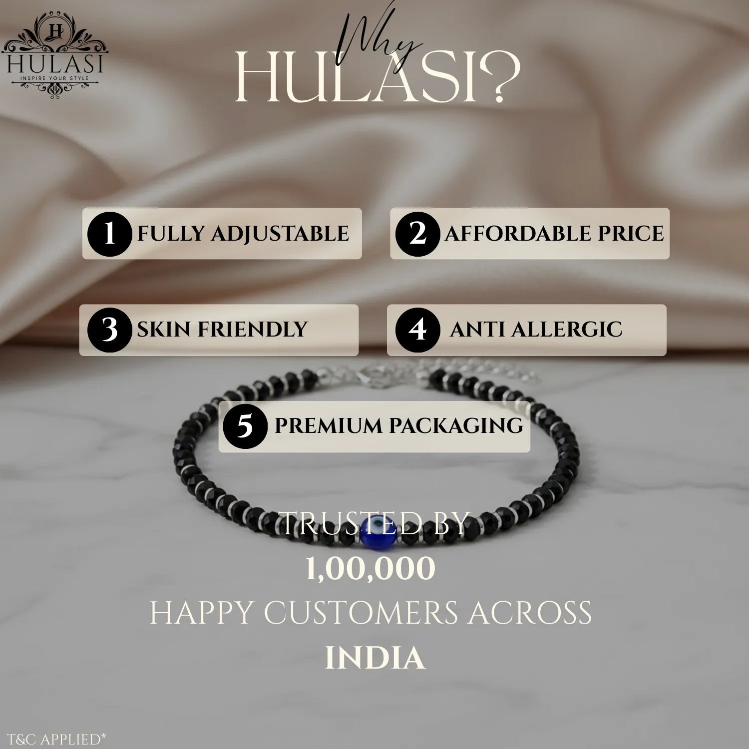 Hulasi Women 925 Sterling Silver Black Spinel Evil Eye Anklet 27cm