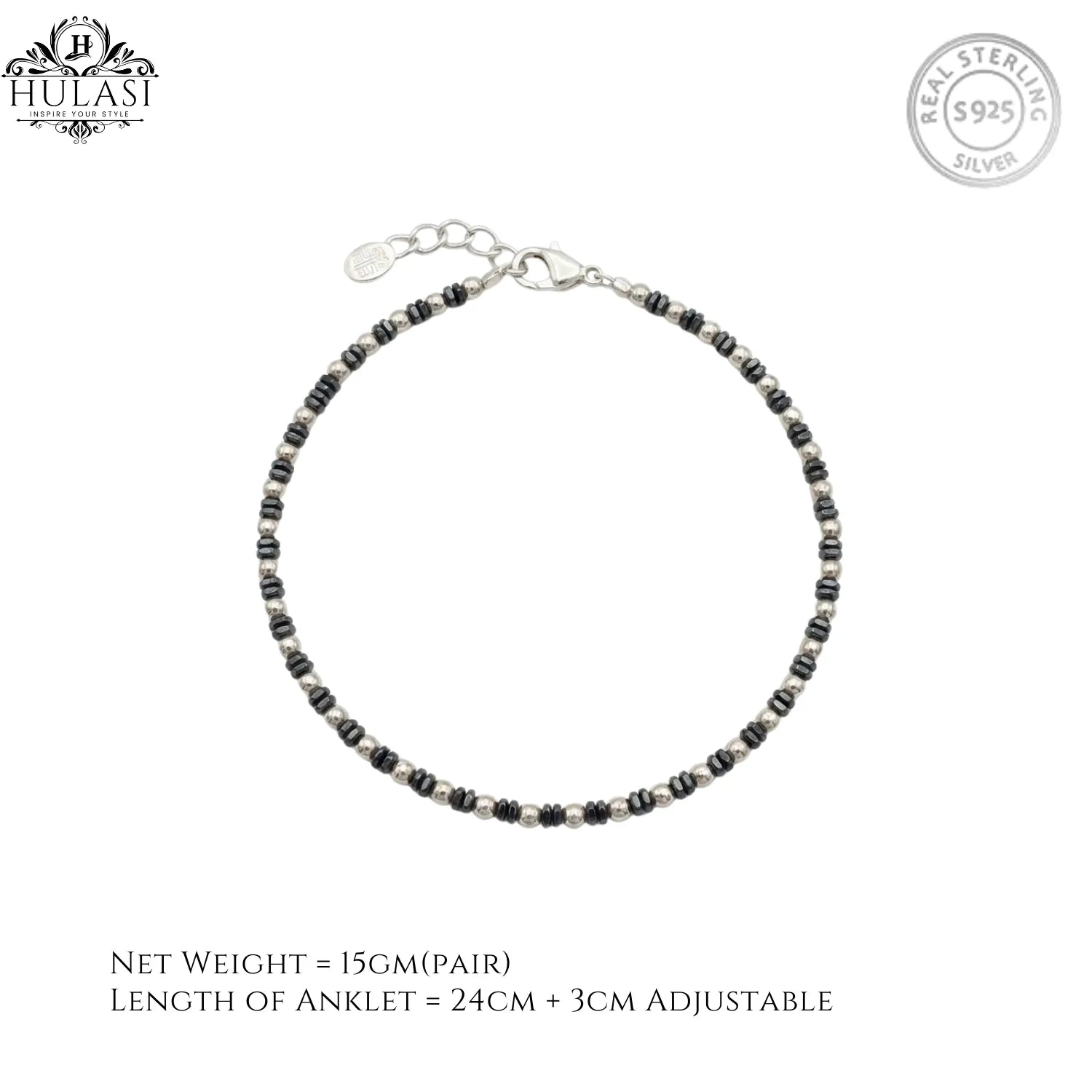 Hulasi Women 925 Sterling Silver Faceted Black Bead Anklet 27cm