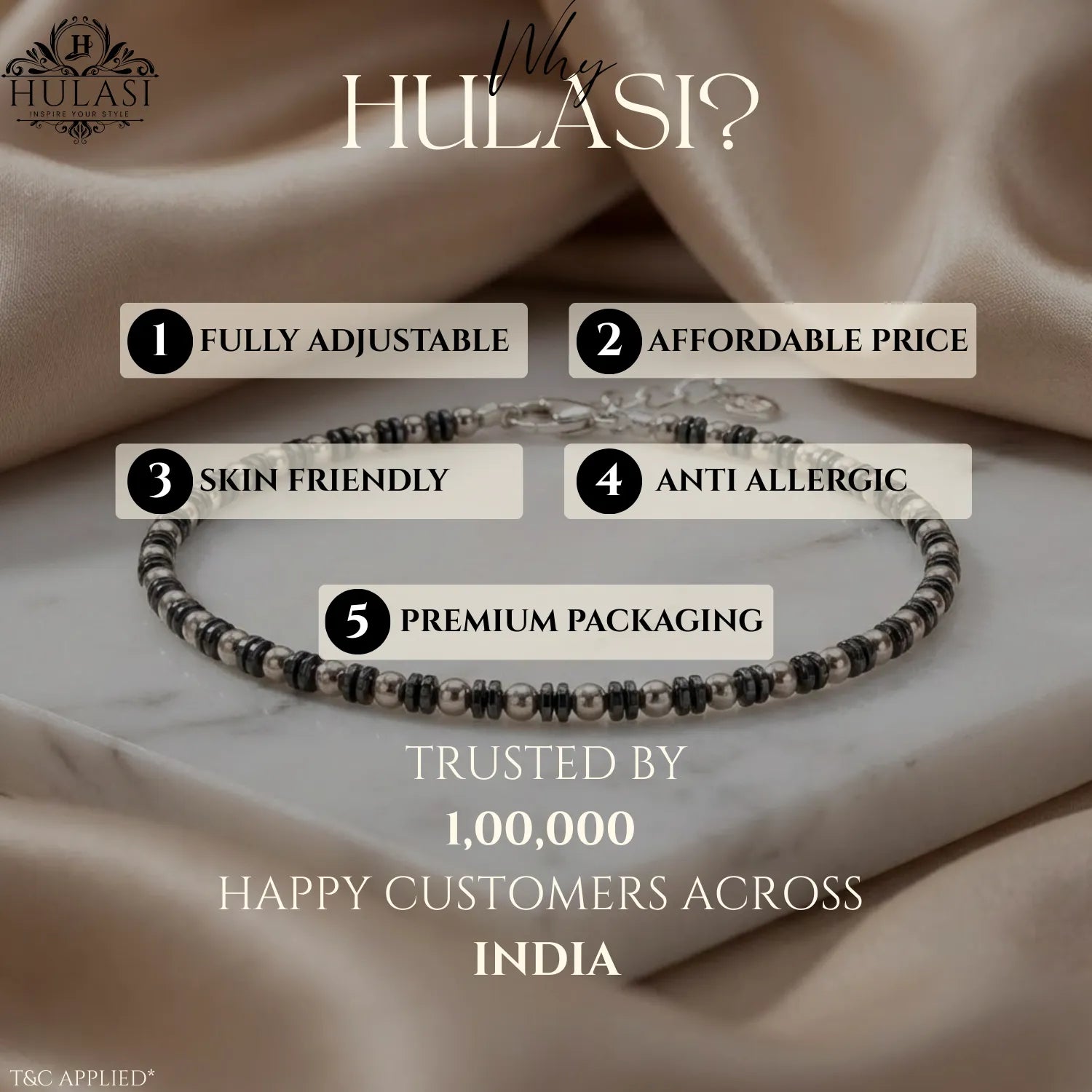 Hulasi Women 925 Sterling Silver Faceted Black Bead Anklet 27cm