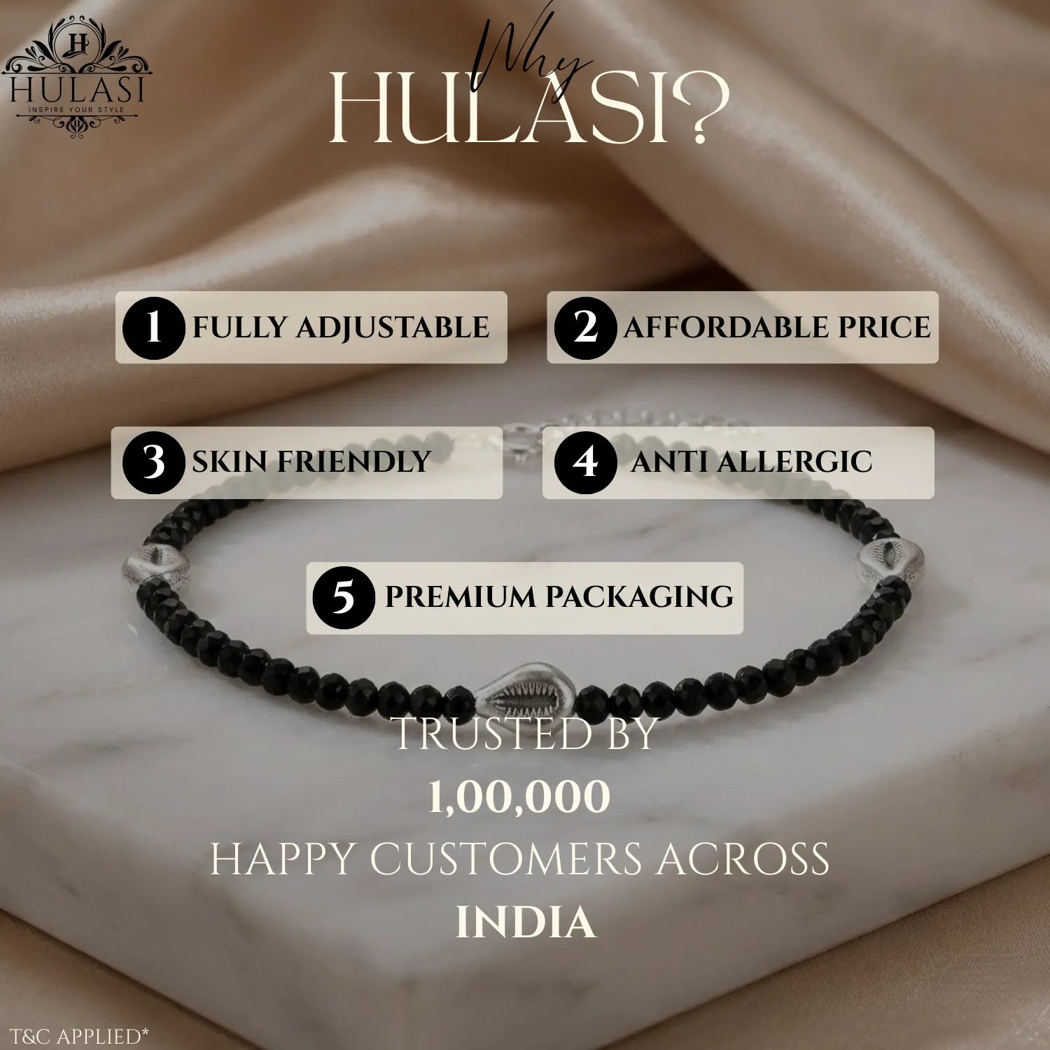 Hulasi Women 925 Sterling Silver Black Bead Cowrie Shell Anklet 27cm