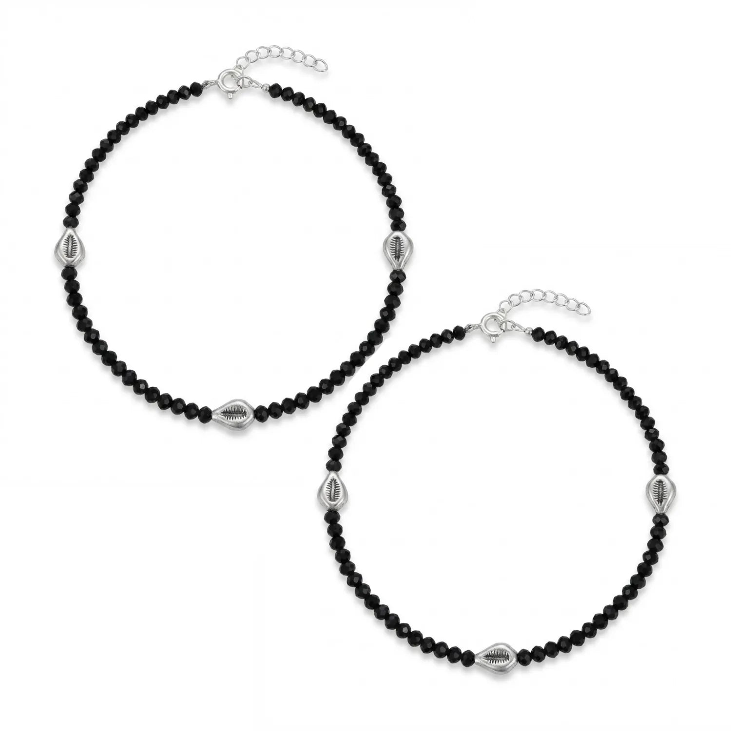 Hulasi Women 925 Sterling Silver Black Bead Cowrie Shell Anklet 27cm