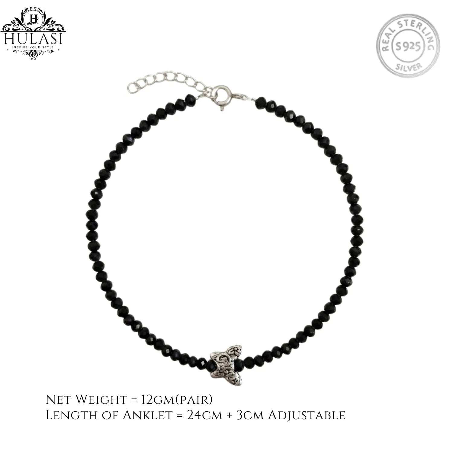 Hulasi Women 925 Sterling Silver Black Bead Butterfly Anklet 27cm
