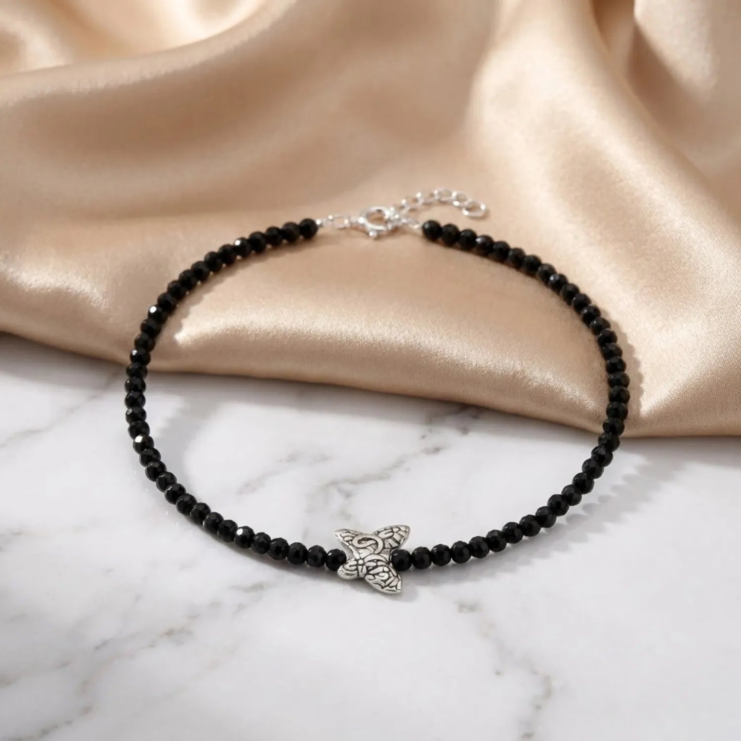 Hulasi Women 925 Sterling Silver Black Bead Butterfly Anklet 27cm