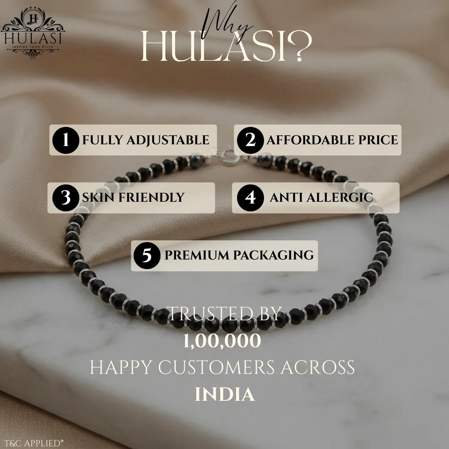 Hulasi Women 925 Sterling Silver Minimalist Black Spinel Anklet 27cm