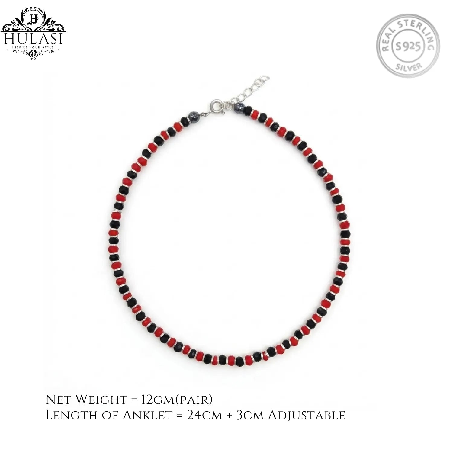Hulasi Women 925 Sterling Silver Red Black Crystal Beaded Anklet 27cm