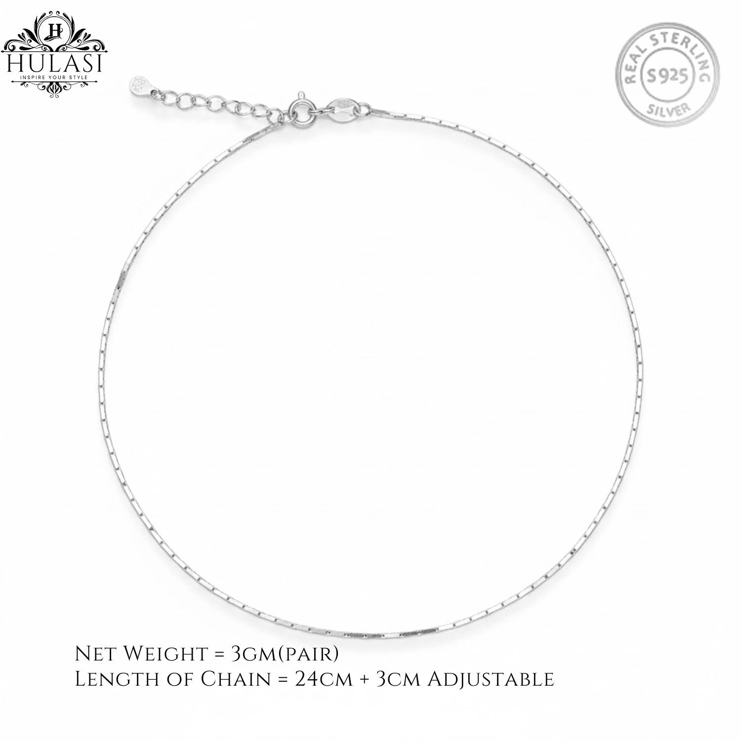 Hulasi Women 925 Sterling Silver Sleek Box Chain Anklet Payal 24cm Plus 3cm Adjustable Minimalist Jewelry Gift