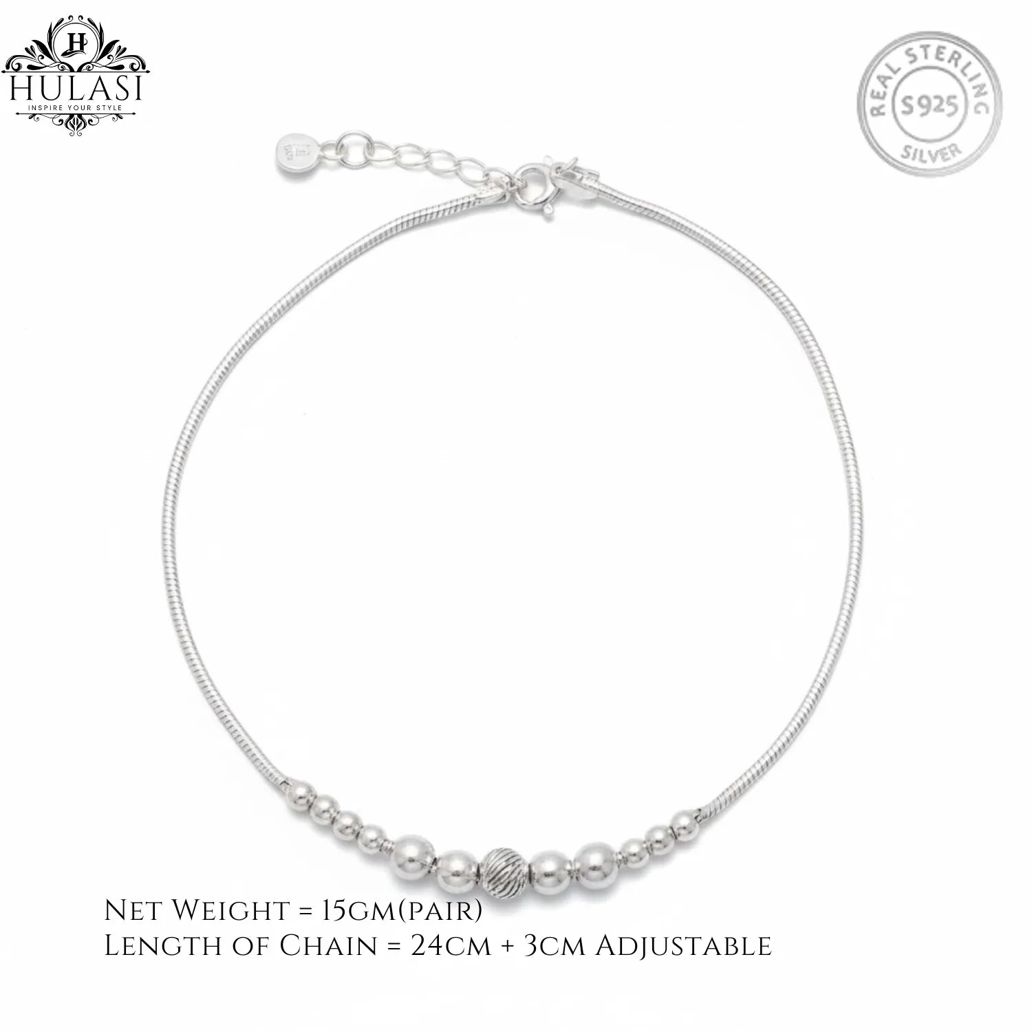 Hulasi Women 925 Sterling Silver Beaded Snake Chain Anklet Adjustable