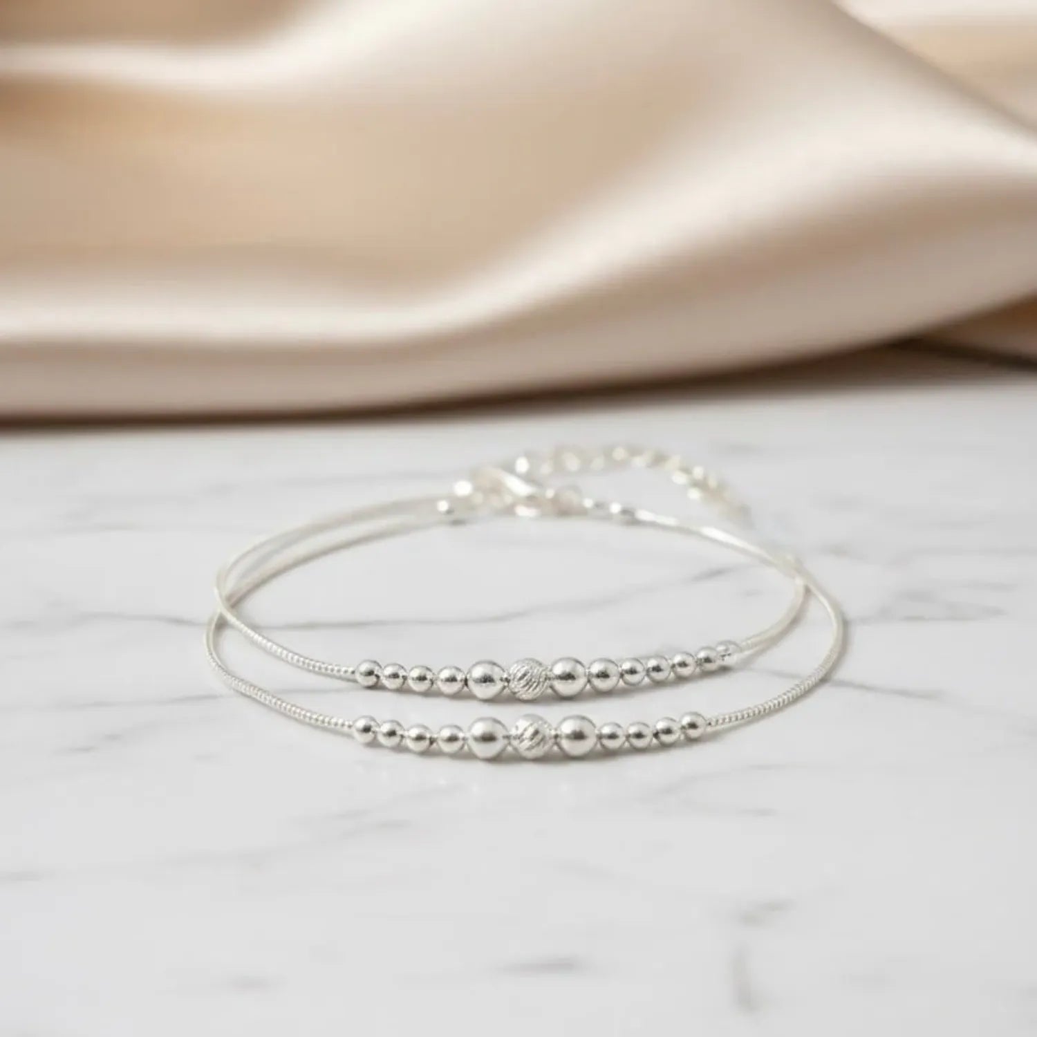 Hulasi Women 925 Sterling Silver Beaded Snake Chain Anklet Adjustable