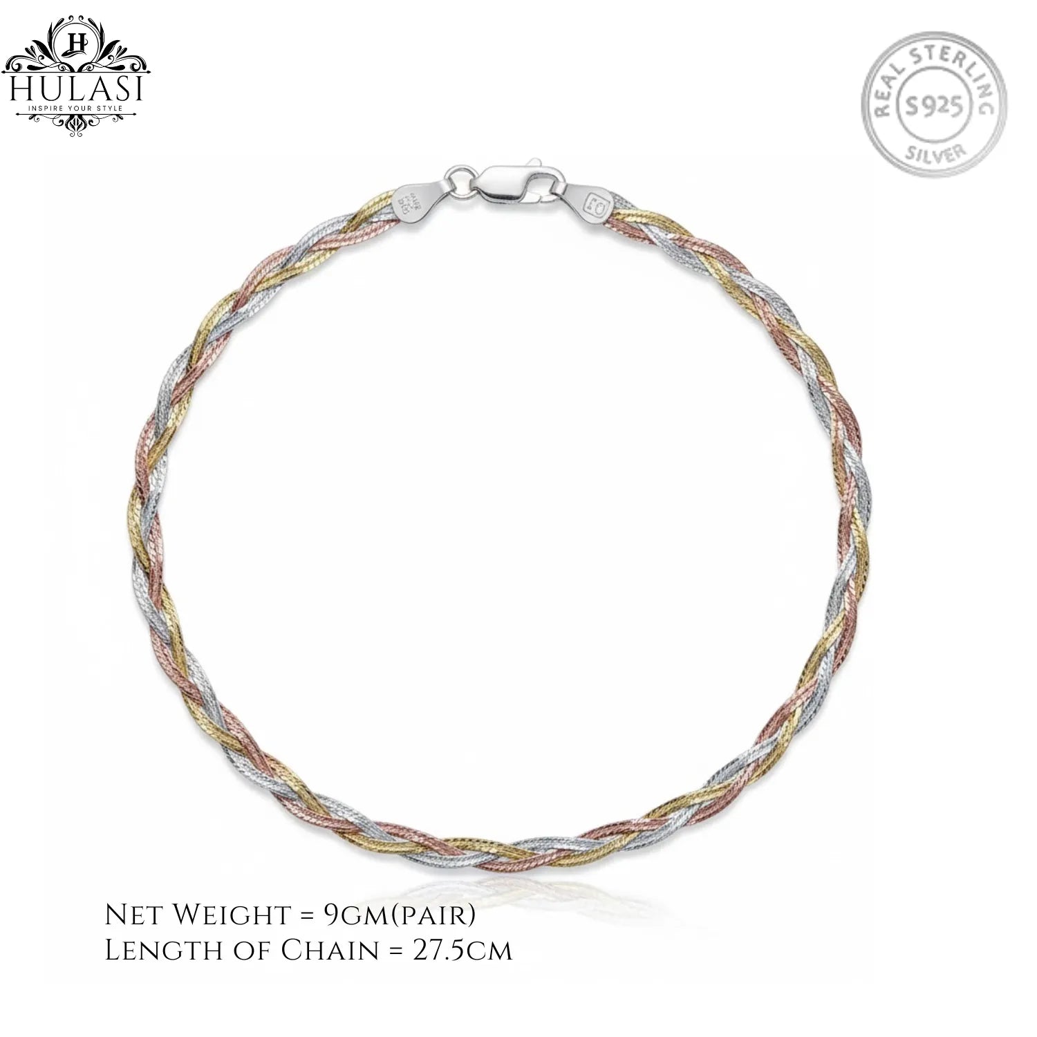 Hulasi Women 925 Sterling Silver Tri Tone Braided Mesh Anklet 27.5cm