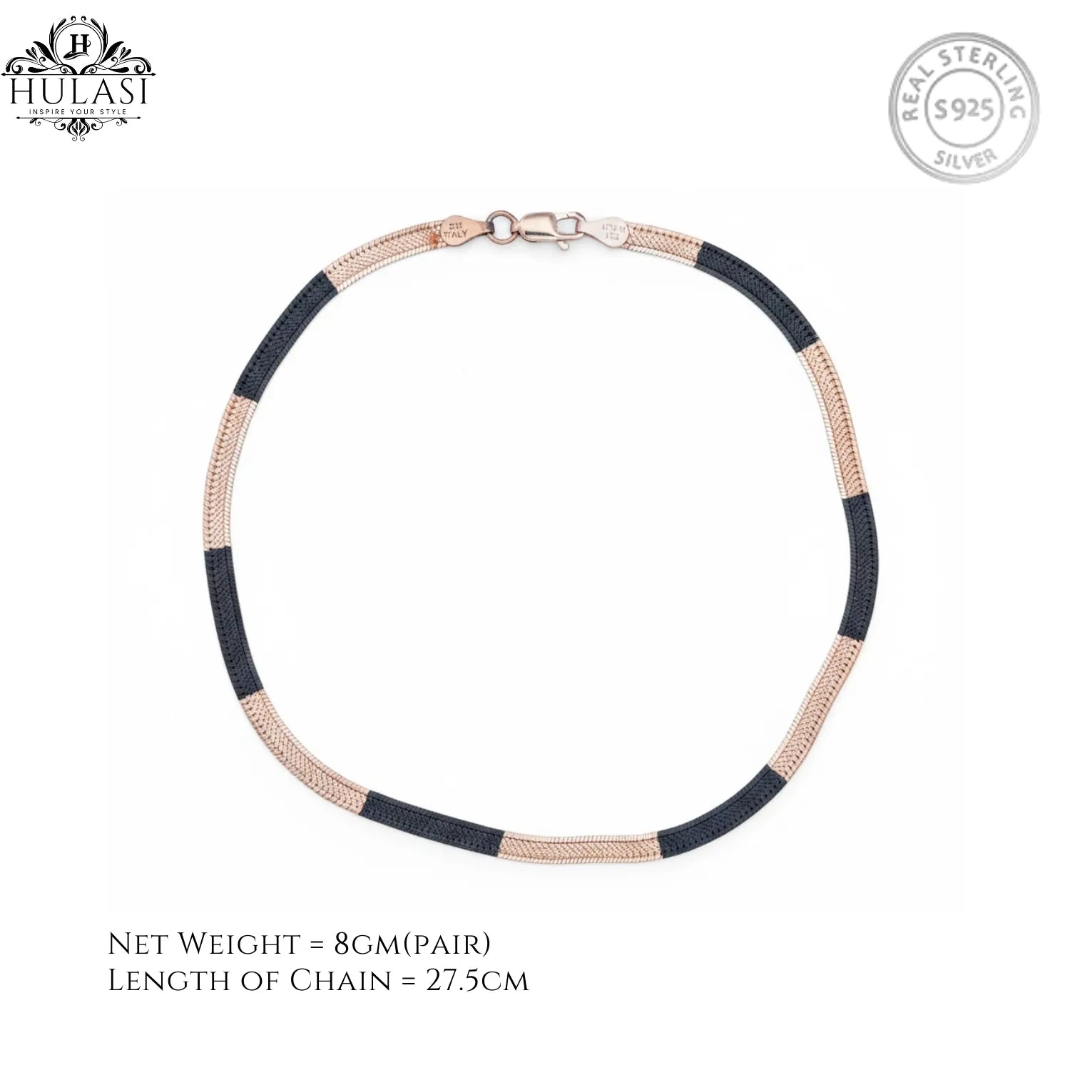 Hulasi Women 925 Sterling Silver Two Tone Flat Herringbone Anklet 27.5cm