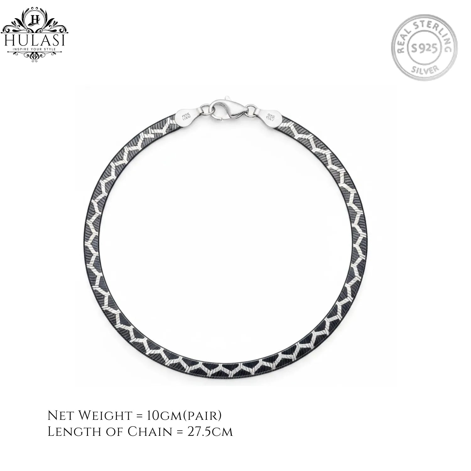 Hulasi Women 925 Sterling Silver Oxidized Geometric Pattern Anklet Pair 27.5cm