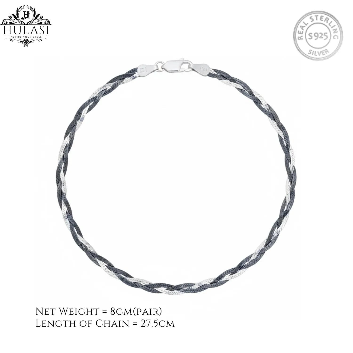 Hulasi Women 925 Sterling Silver Two-Tone Twisted Rope Anklet Pair 27.5cm