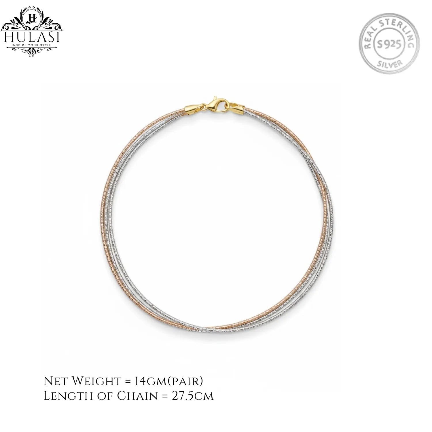 Hulasi Women 925 Sterling Silver Tri-Tone Braided Anklet Pair 27.5cm