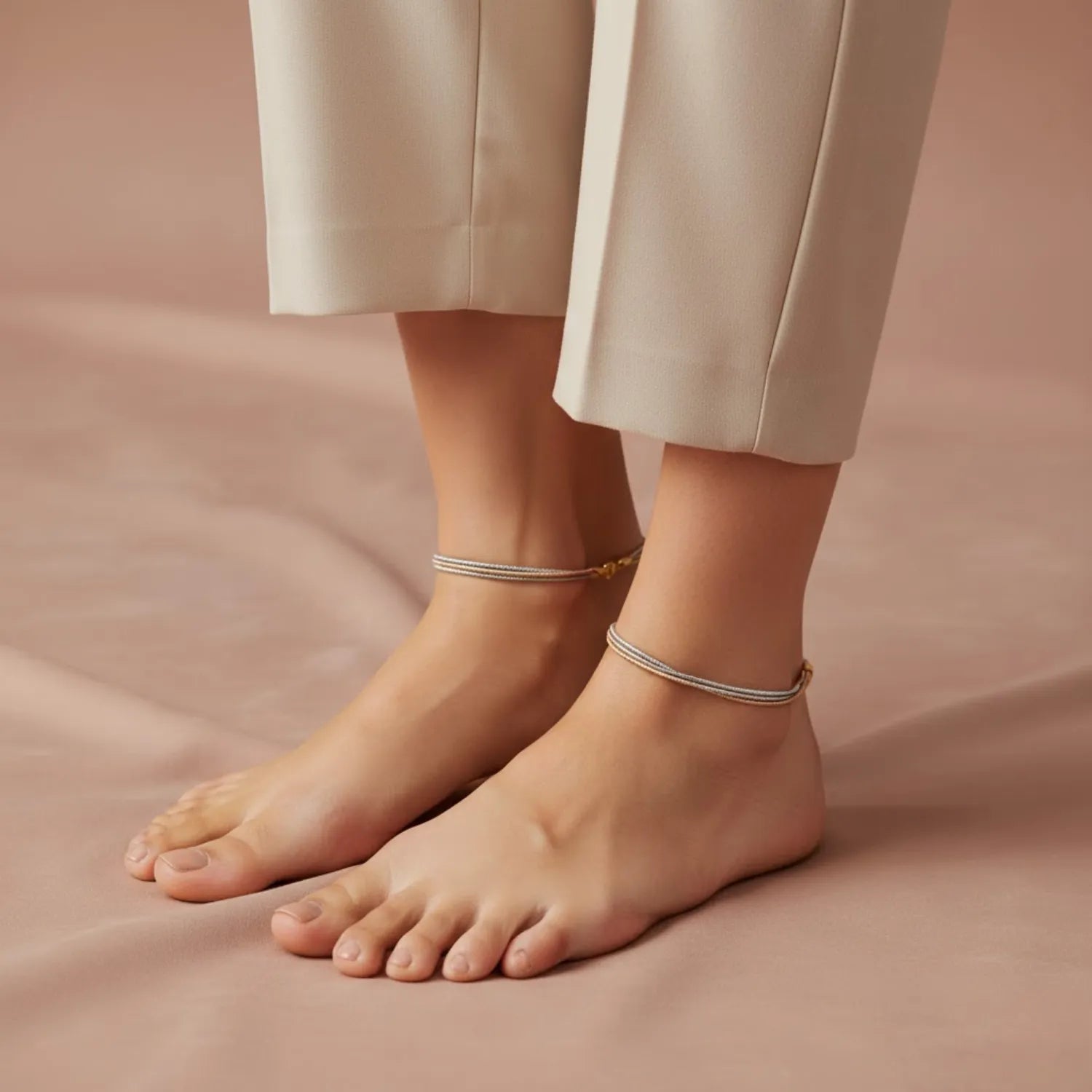 Hulasi Women 925 Sterling Silver Tri-Tone Braided Anklet Pair 27.5cm