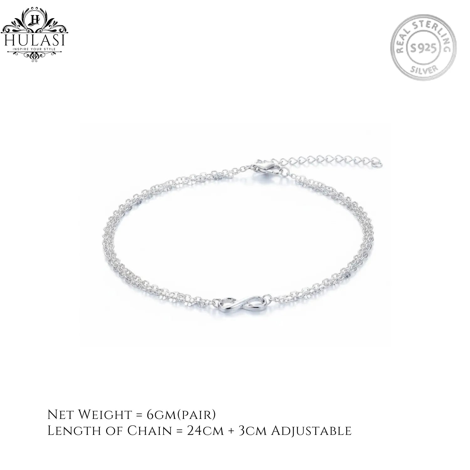 Hulasi Women 925 Sterling Silver Classic Infinity Charm Anklet Pair 24cm