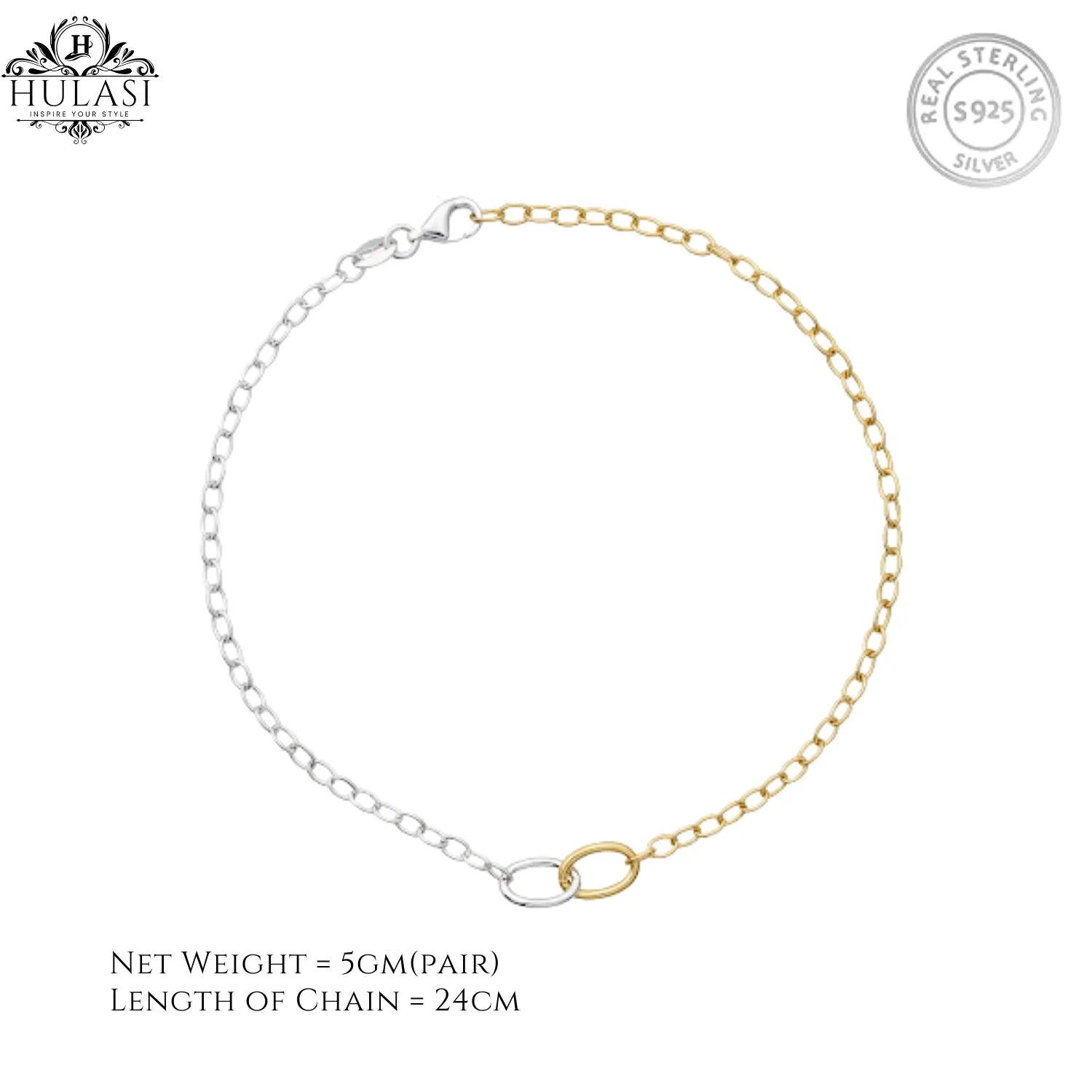 Hulasi Women 925 Sterling Silver Two-Tone Paperclip Link Anklet Pair 24cm