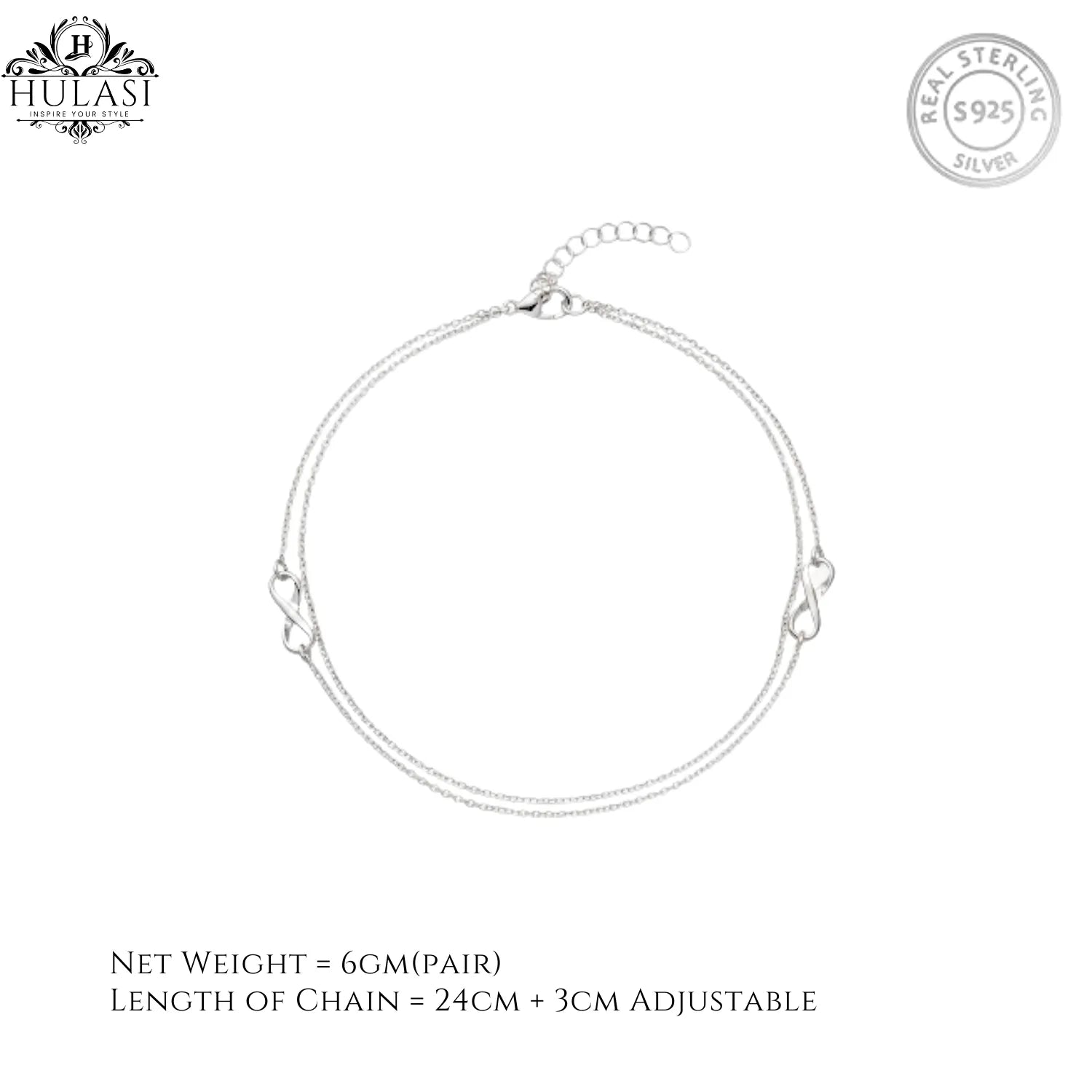 Hulasi Women 925 Sterling Silver Infinity Double Chain Anklet Pair 27cm