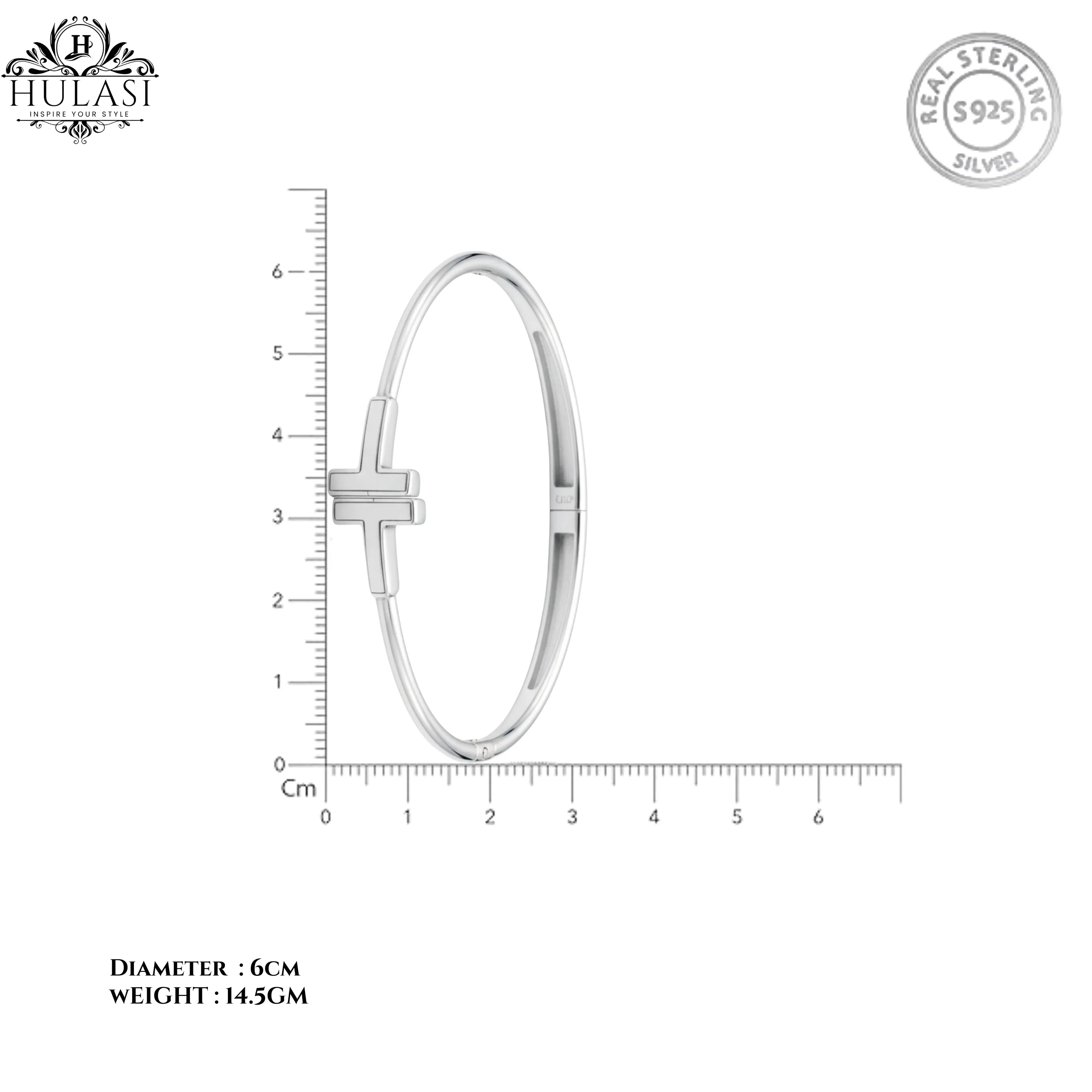 Hulasi Women's 925 Sterling Silver Polished Plain T-Bar Hinged Bangle Bracelet 6cm