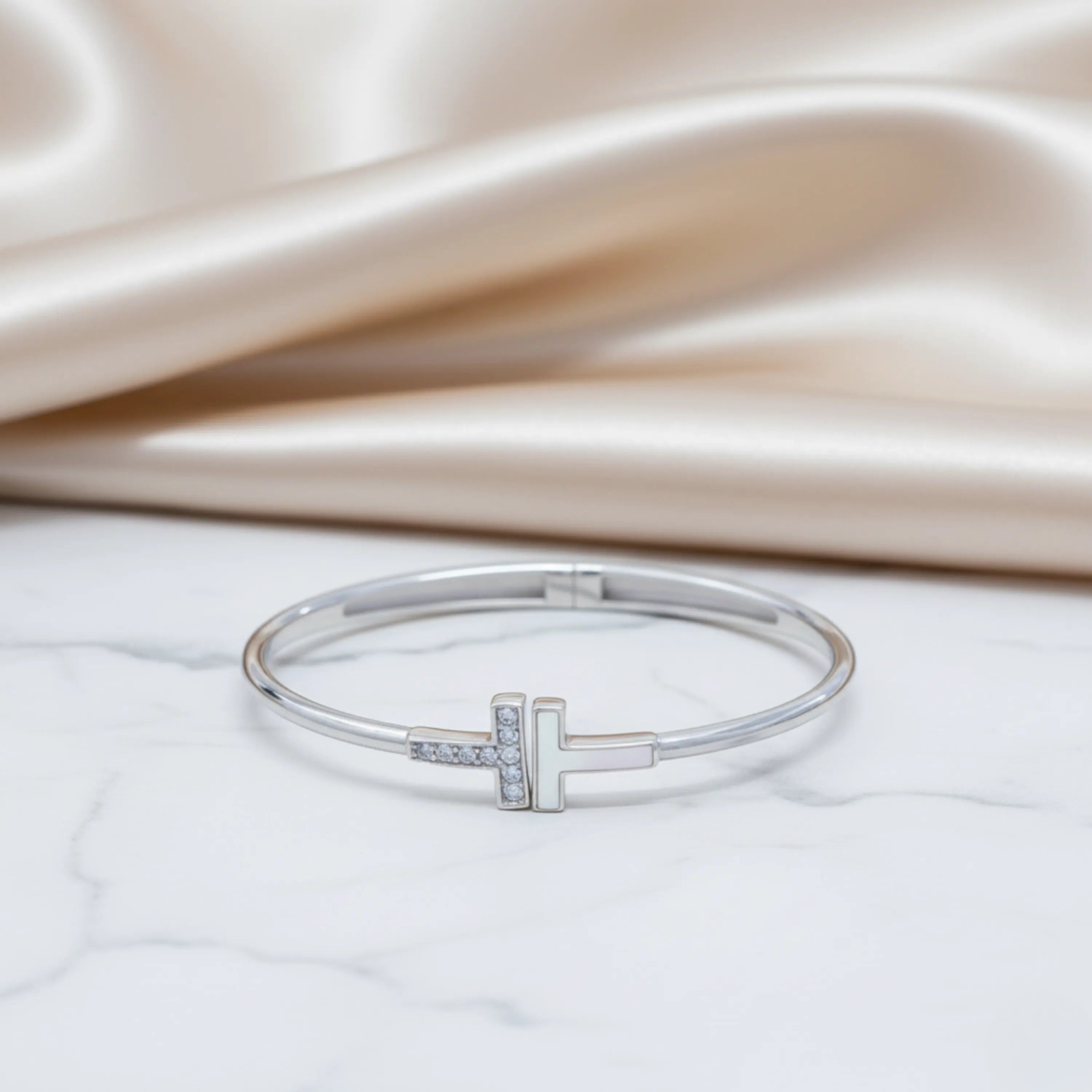 Hulasi Women's 925 Sterling Silver Crystal Studded T-Motif Cuff Bangle Bracelet 6cm