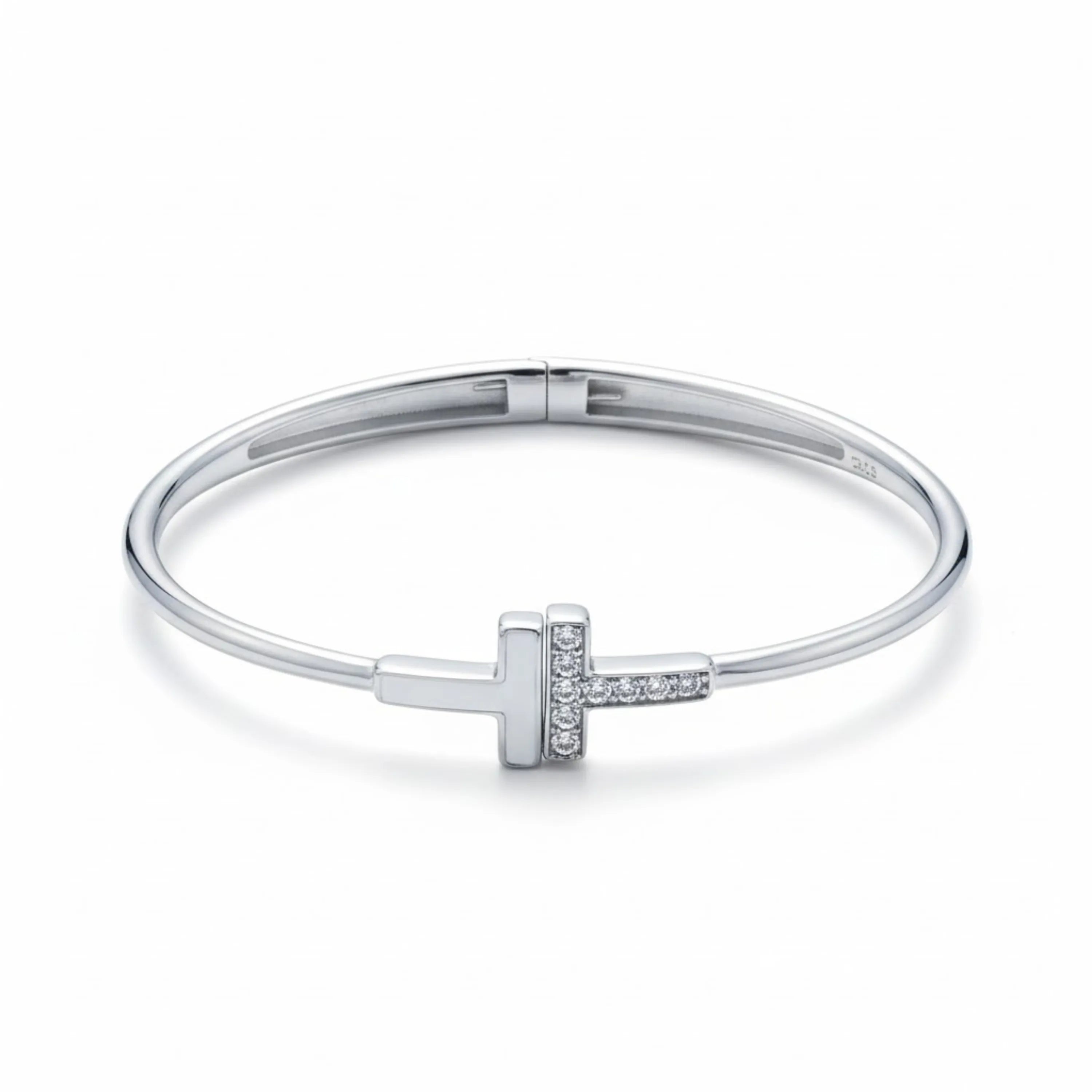 Hulasi Women's 925 Sterling Silver Crystal Studded T-Motif Cuff Bangle Bracelet 6cm