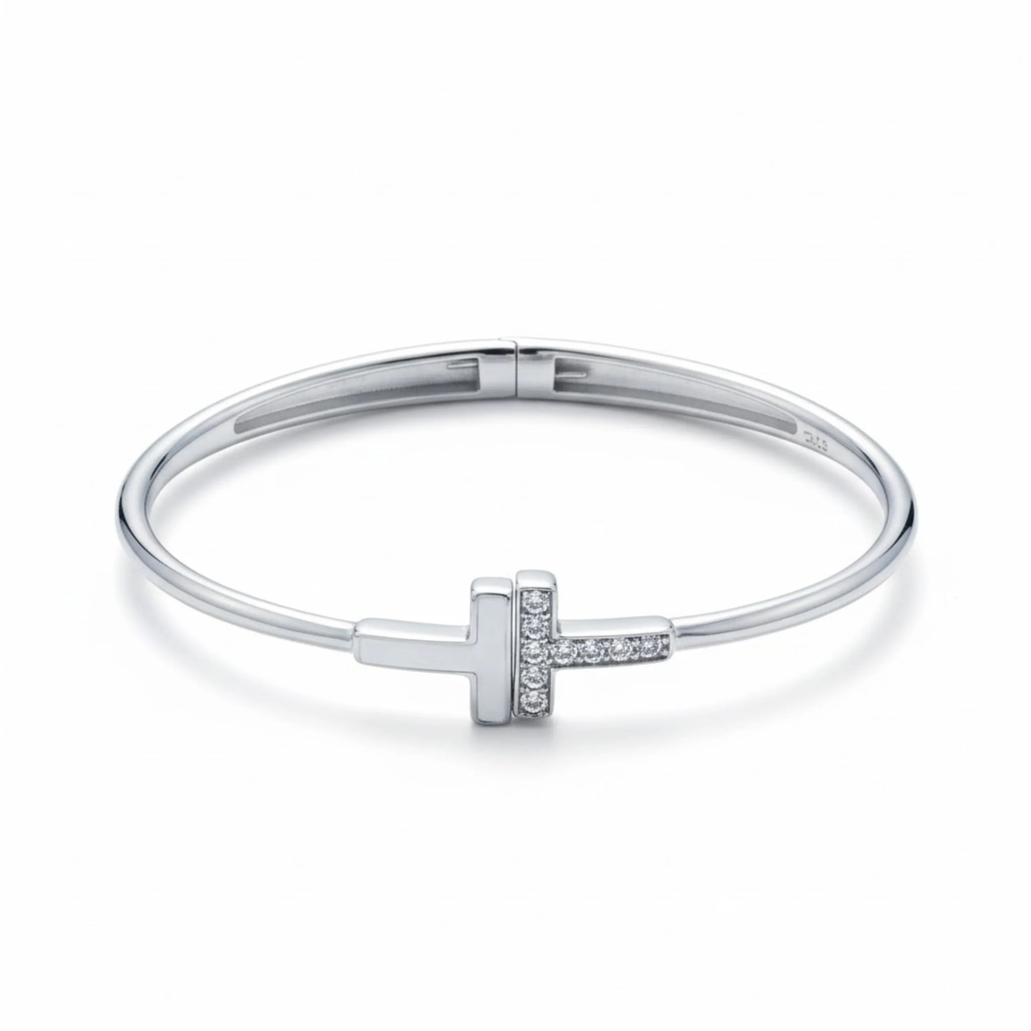 Hulasi Women's 925 Sterling Silver Crystal Studded T-Motif Cuff Bangle Bracelet 6cm