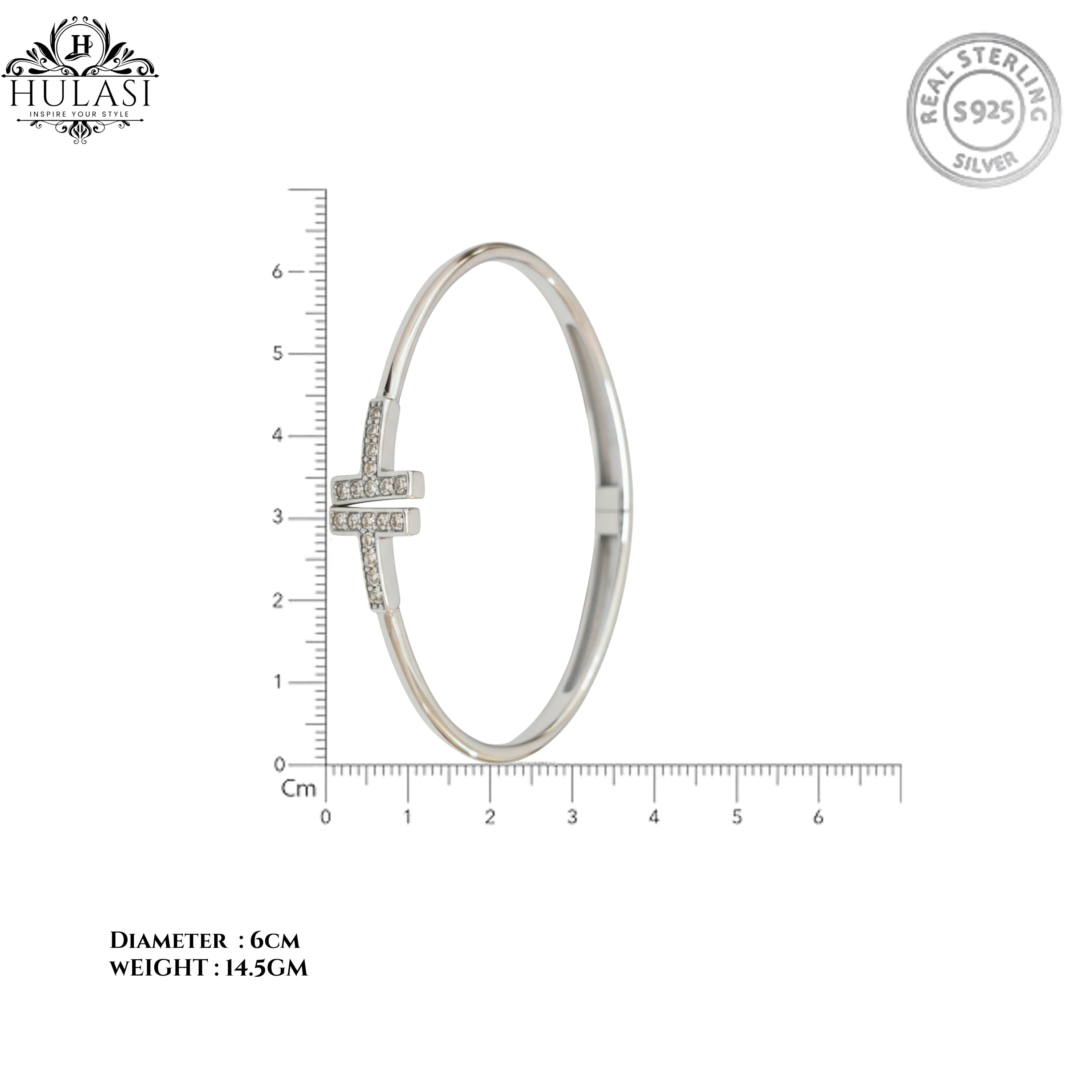 Hulasi Women's 925 Sterling Silver Pave Cubic Zirconia T-Bar Hinged Bangle Bracelet 6cm