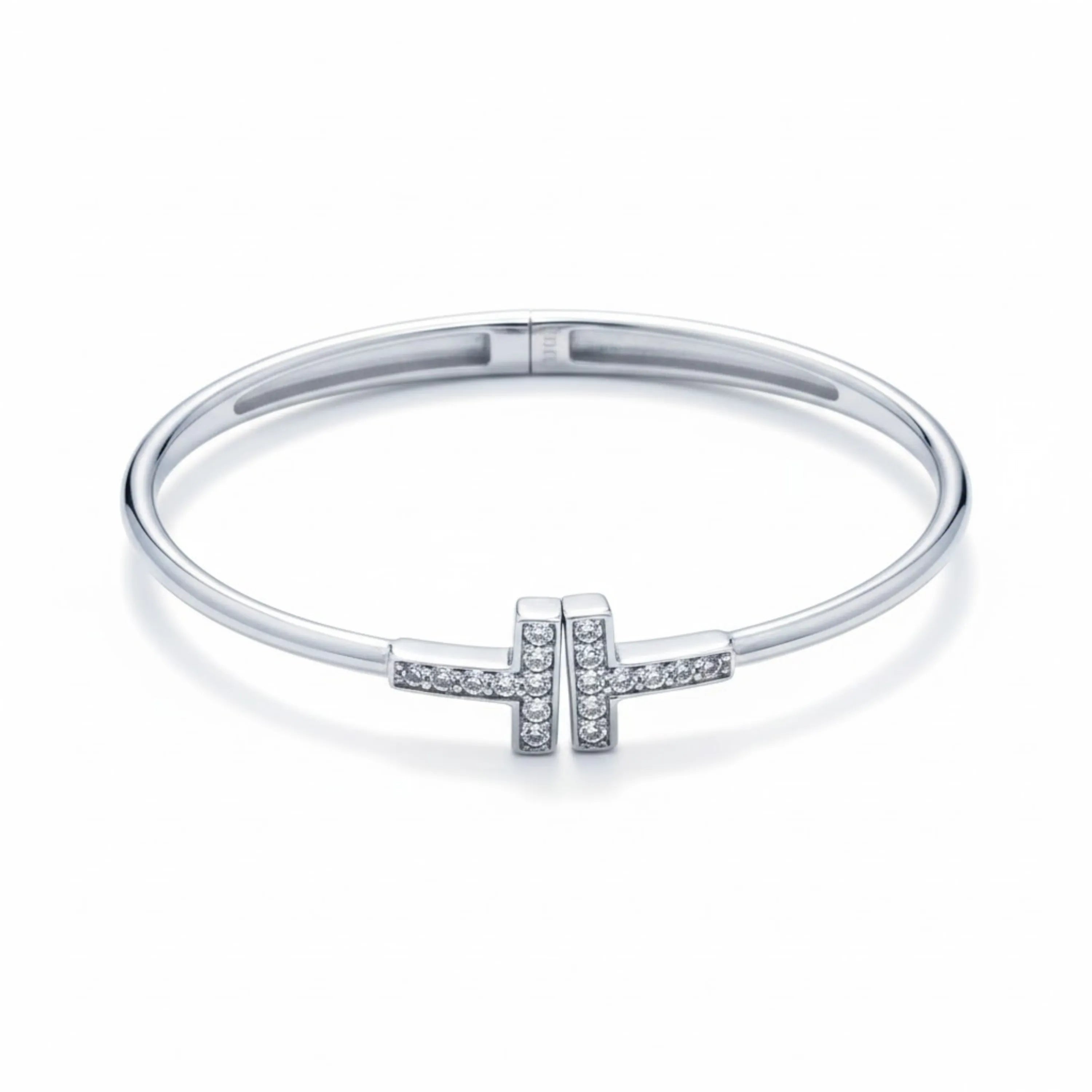 Hulasi Women's 925 Sterling Silver Pave Cubic Zirconia T-Bar Hinged Bangle Bracelet 6cm