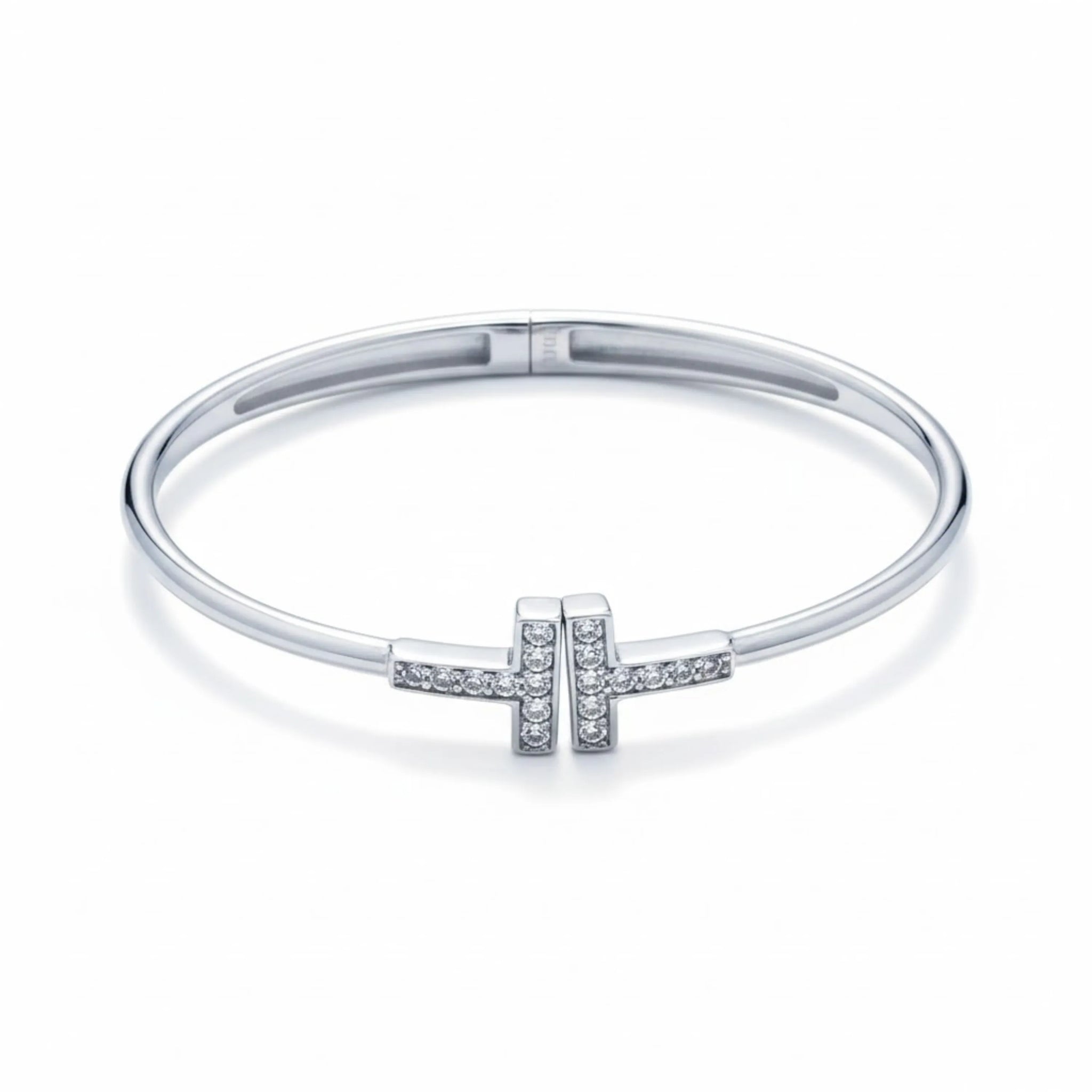 Hulasi Women's 925 Sterling Silver Pave Cubic Zirconia T-Bar Hinged Bangle Bracelet 6cm