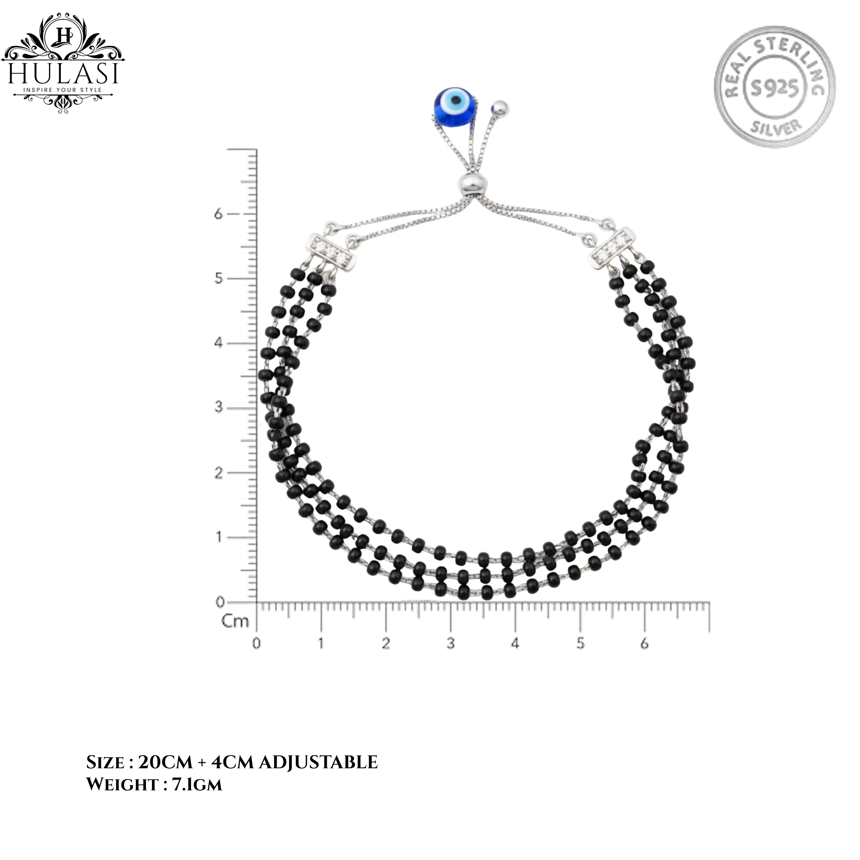 Hulasi Women's 925 Sterling Silver Black Bead Mangalsutra Evil Eye Protection Adjustable Bracelet