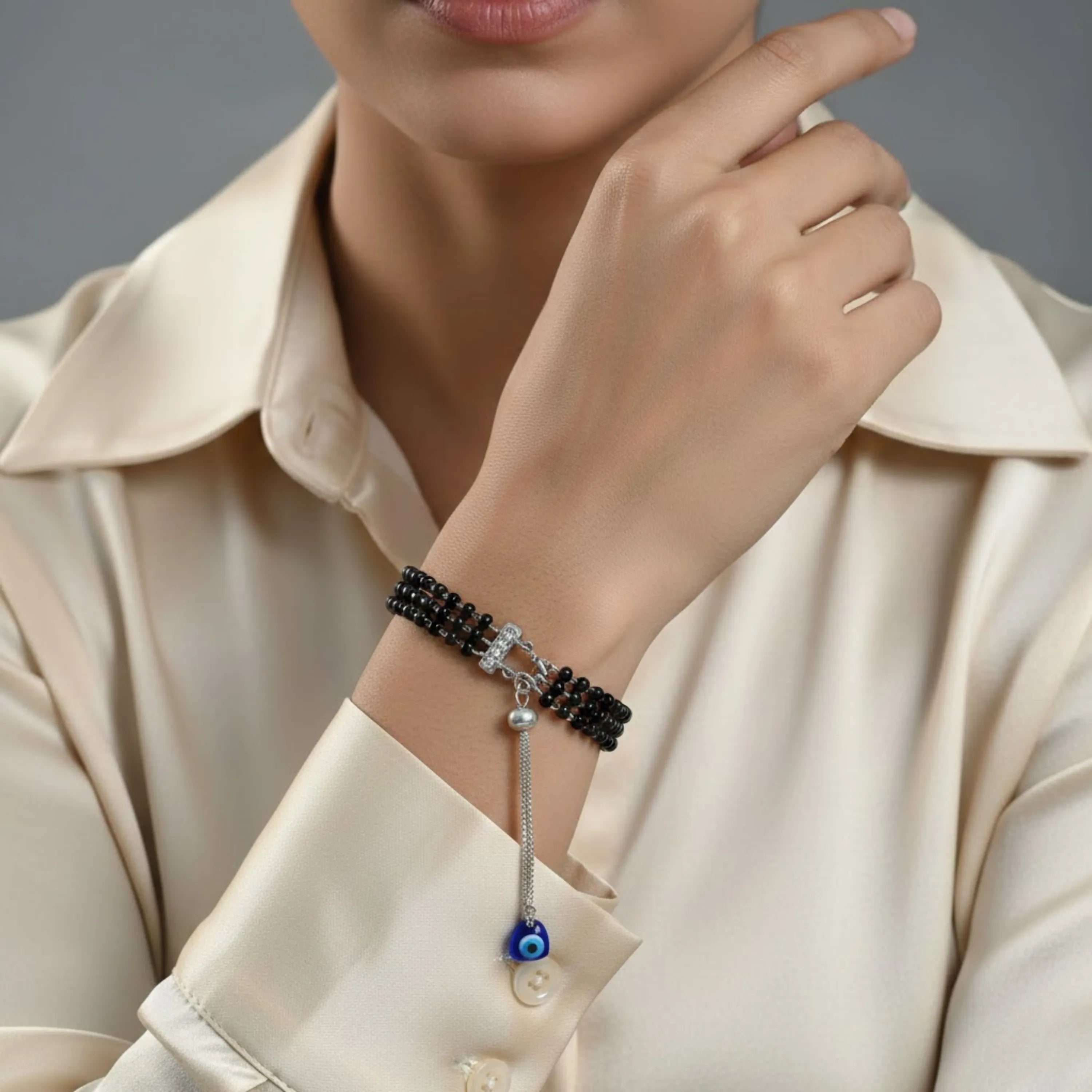 Hulasi Women's 925 Sterling Silver Black Bead Mangalsutra Evil Eye Protection Adjustable Bracelet