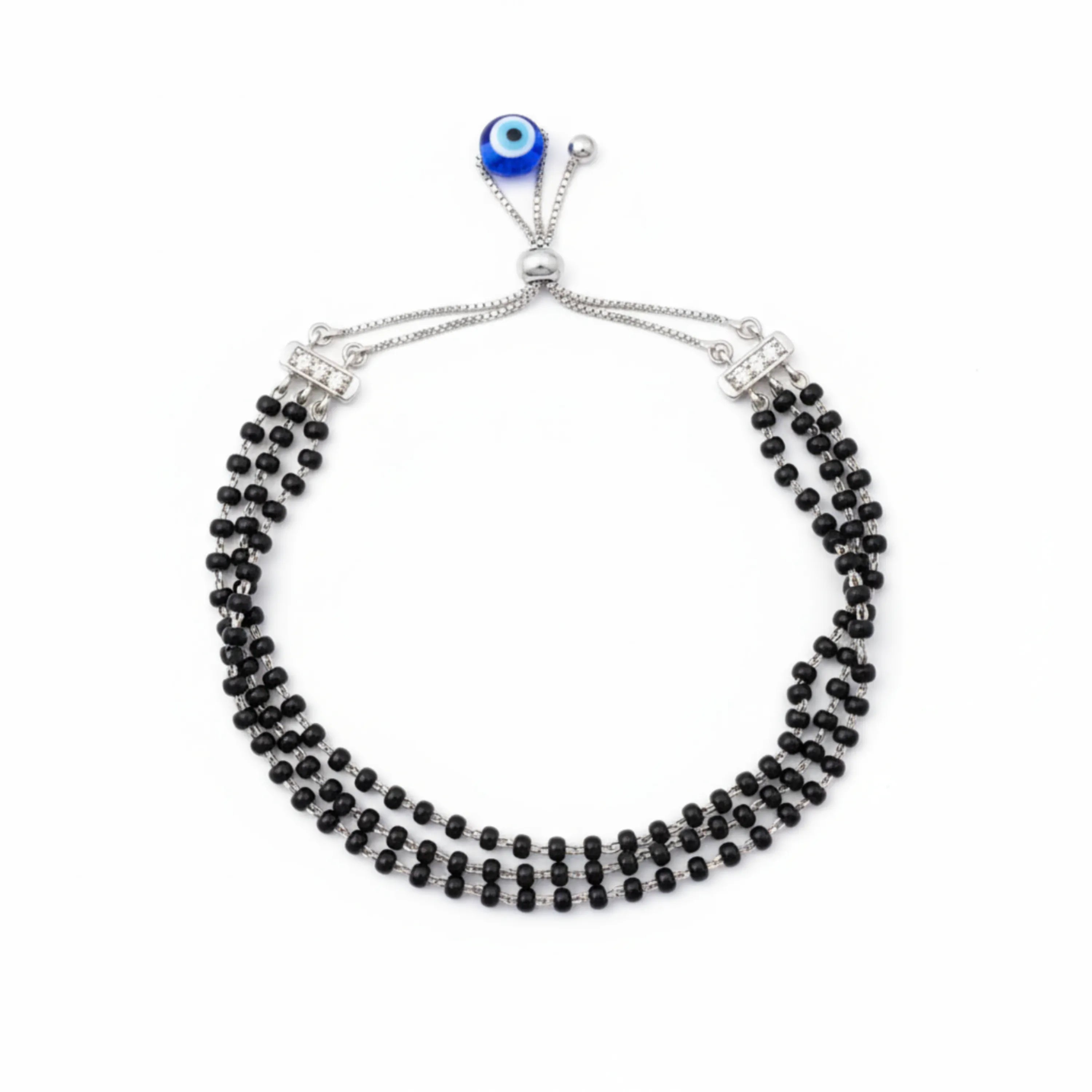 Hulasi Women's 925 Sterling Silver Black Bead Mangalsutra Evil Eye Protection Adjustable Bracelet