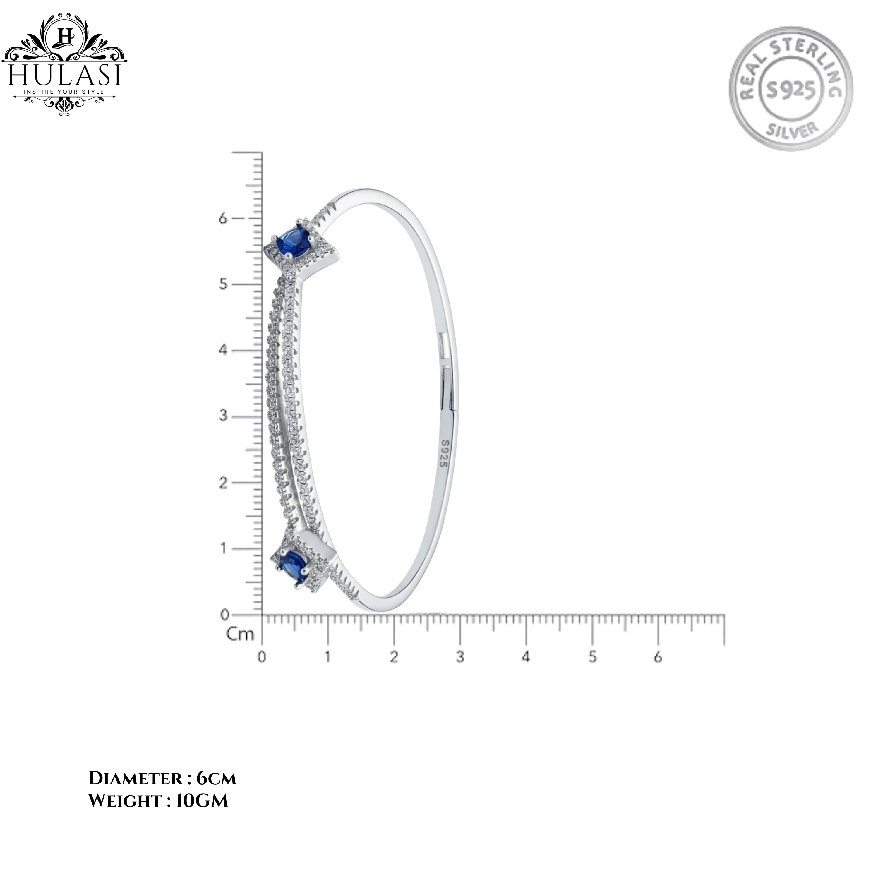 Hulasi Women 925 Sterling Silver Blue Sapphire Color Stone Cubic Zirconia Bangle 6cm