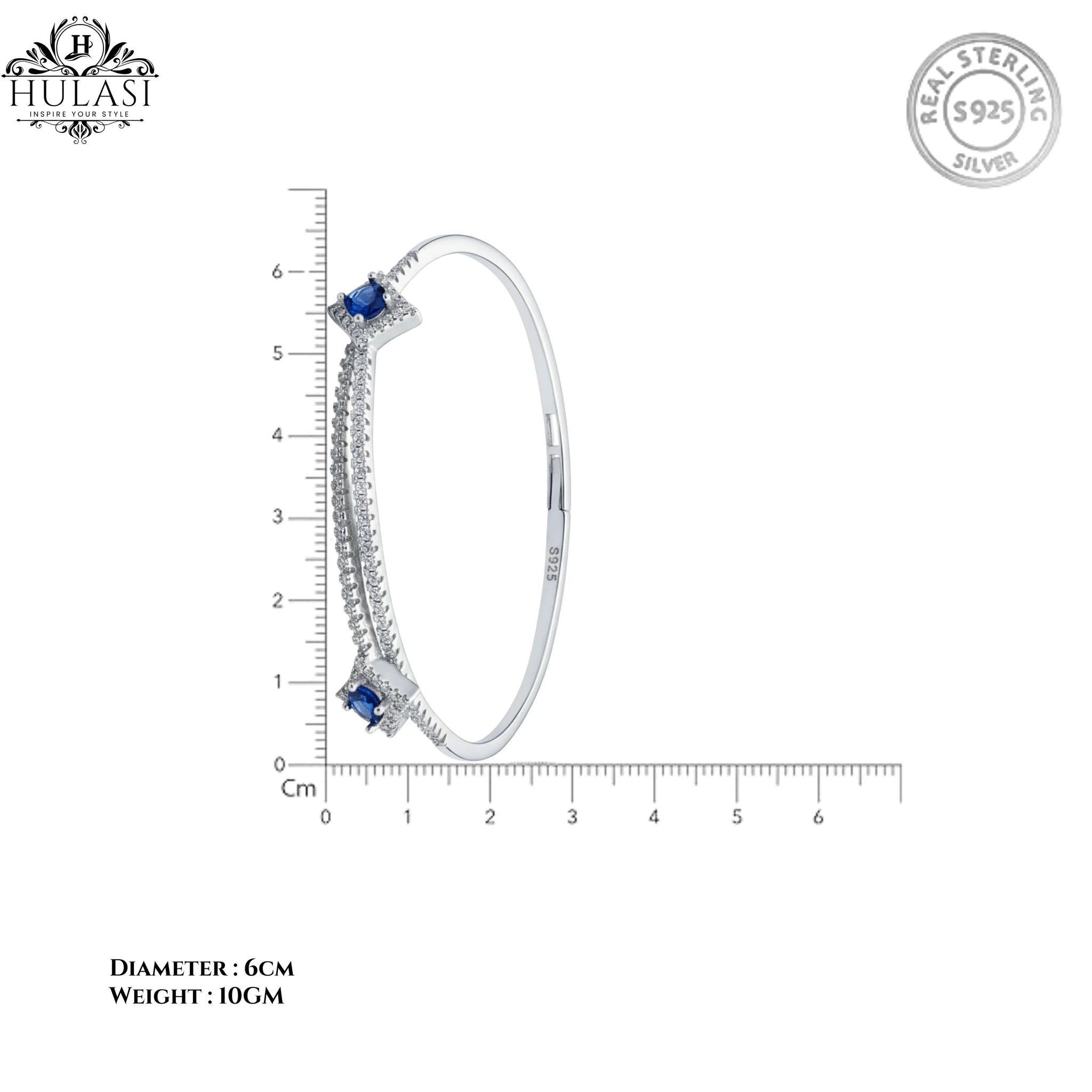Hulasi Women 925 Sterling Silver Blue Sapphire Color Stone Cubic Zirconia Bangle 6cm