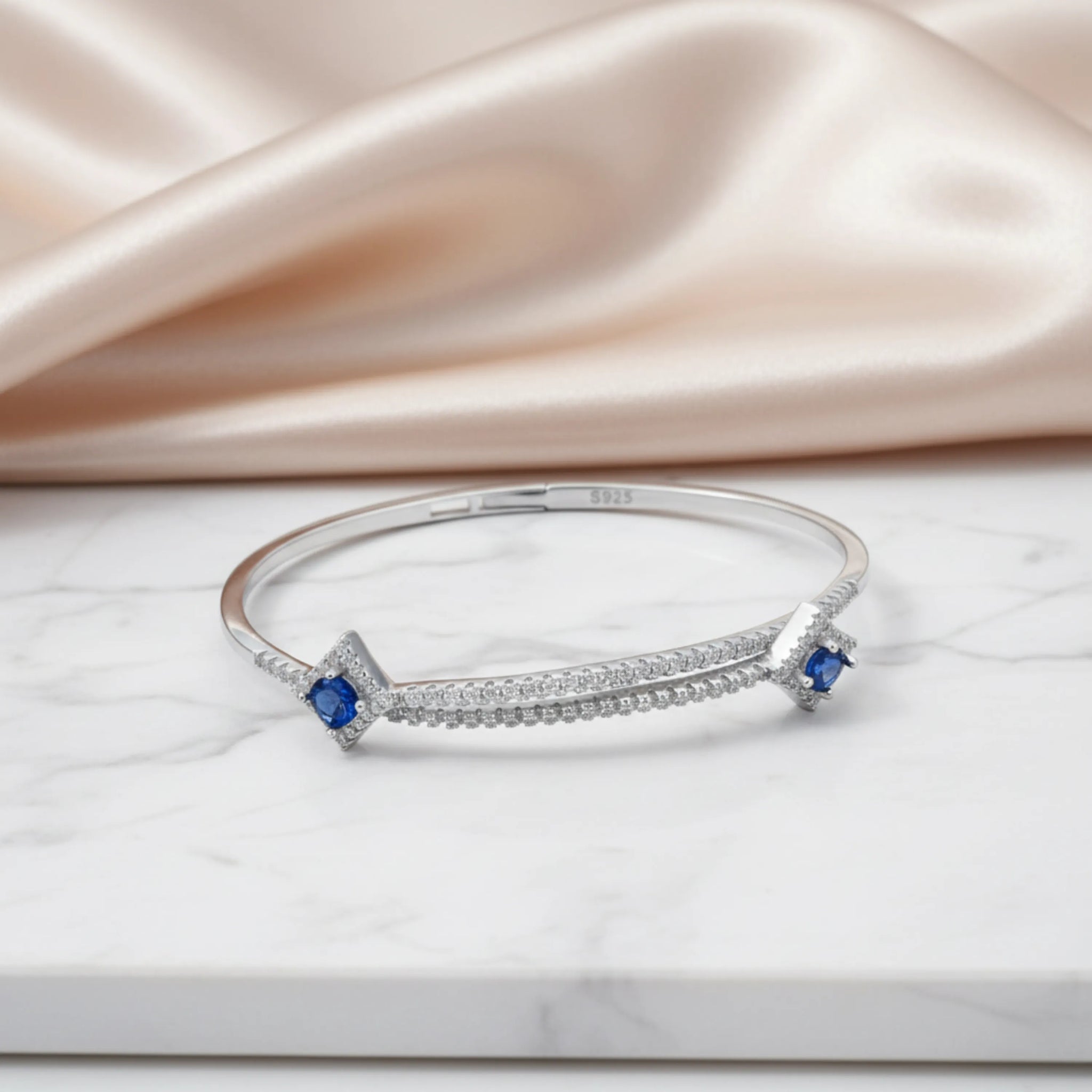 Hulasi Women 925 Sterling Silver Blue Sapphire Color Stone Cubic Zirconia Bangle 6cm