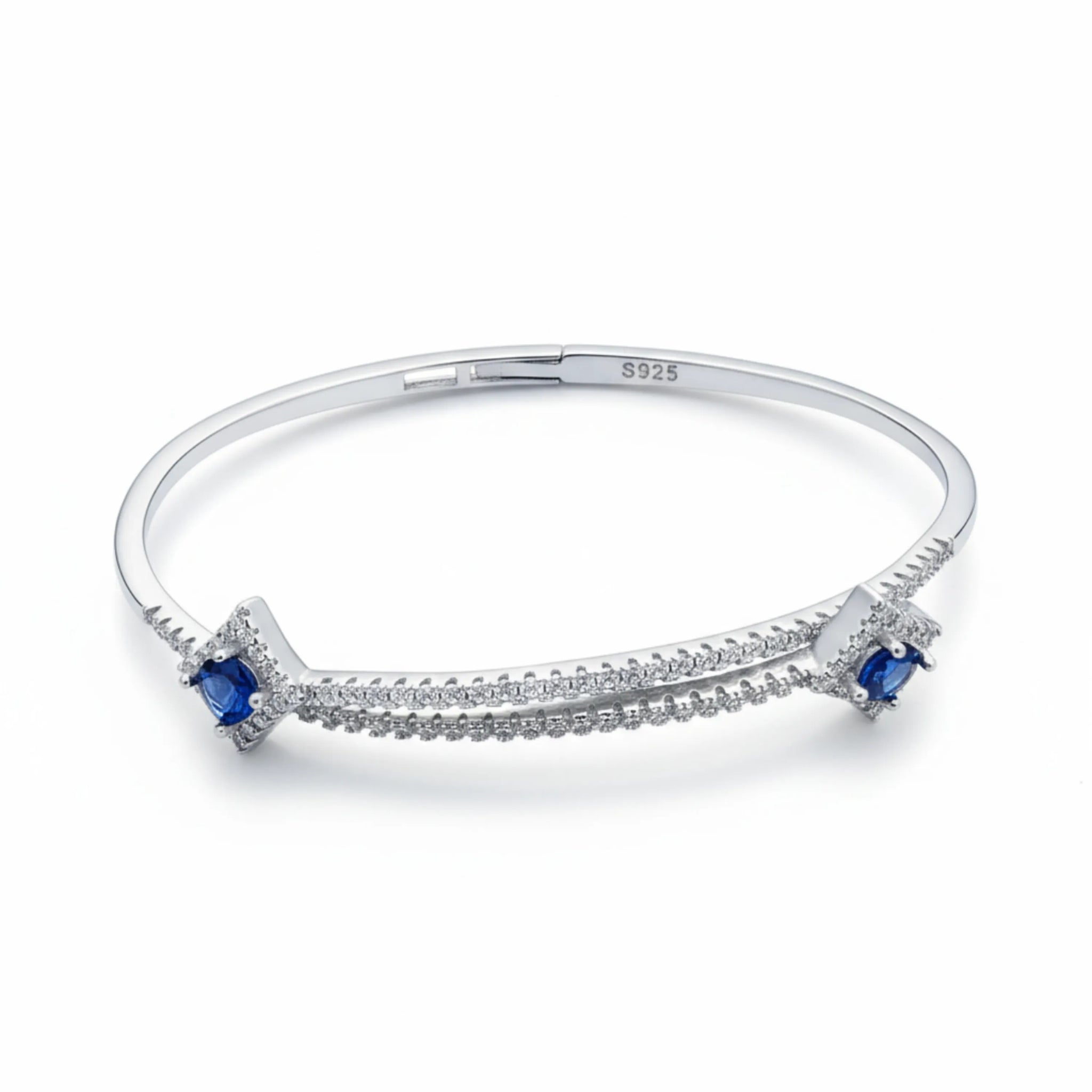 Hulasi Women 925 Sterling Silver Blue Sapphire Color Stone Cubic Zirconia Bangle 6cm