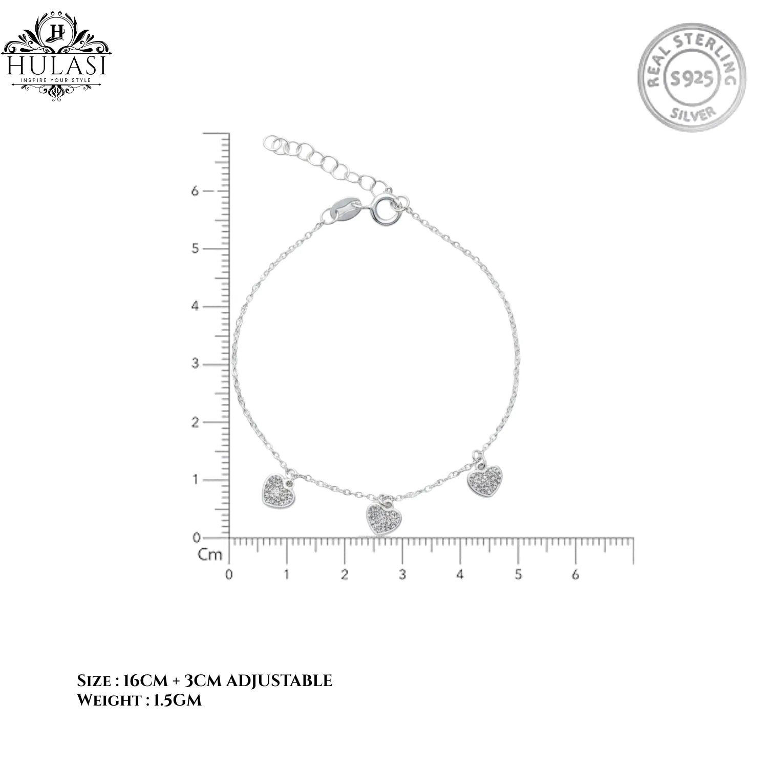 Hulasi Women 925 Sterling Silver Triple Heart Charm Cubic Zirconia Bracelet Adjustable 16cm