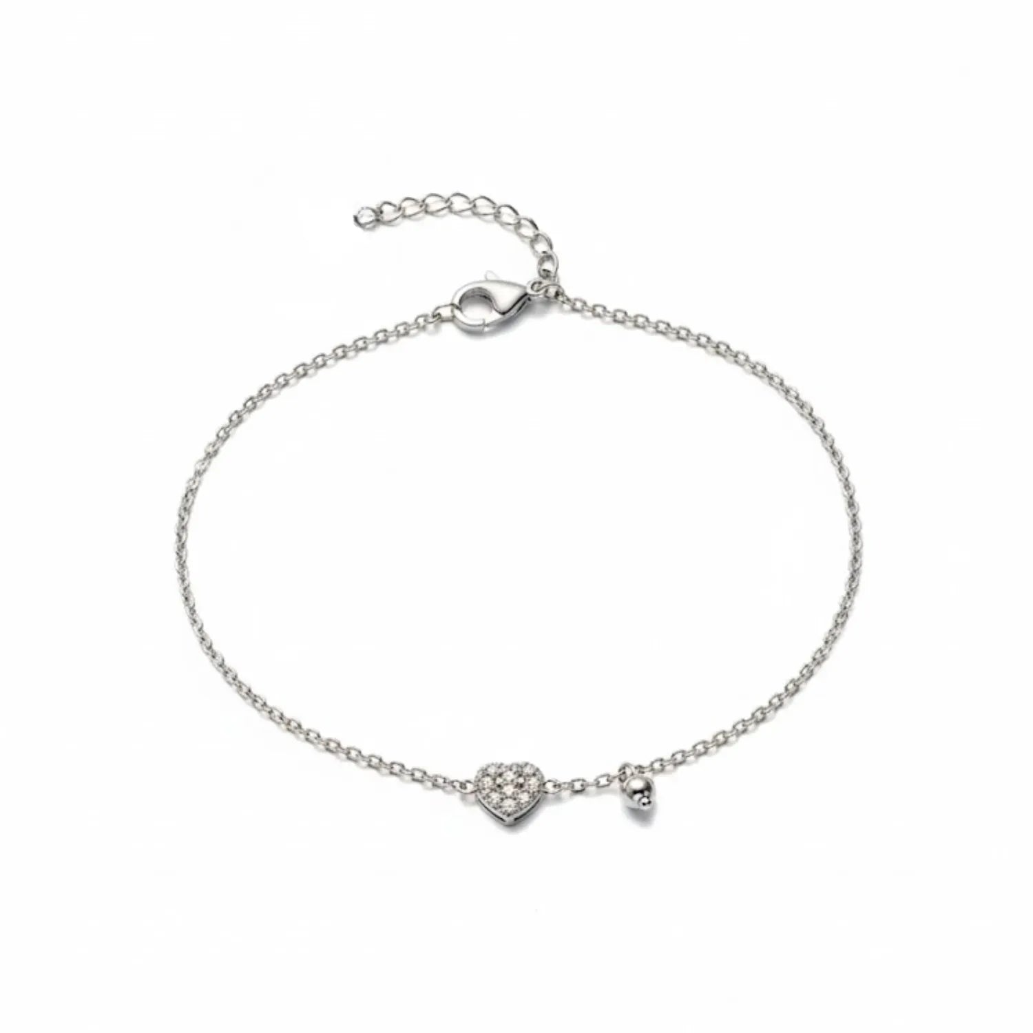 Hulasi Women 925 Sterling Silver Paved Heart And Bead Charm Bracelet Adjustable 16cm